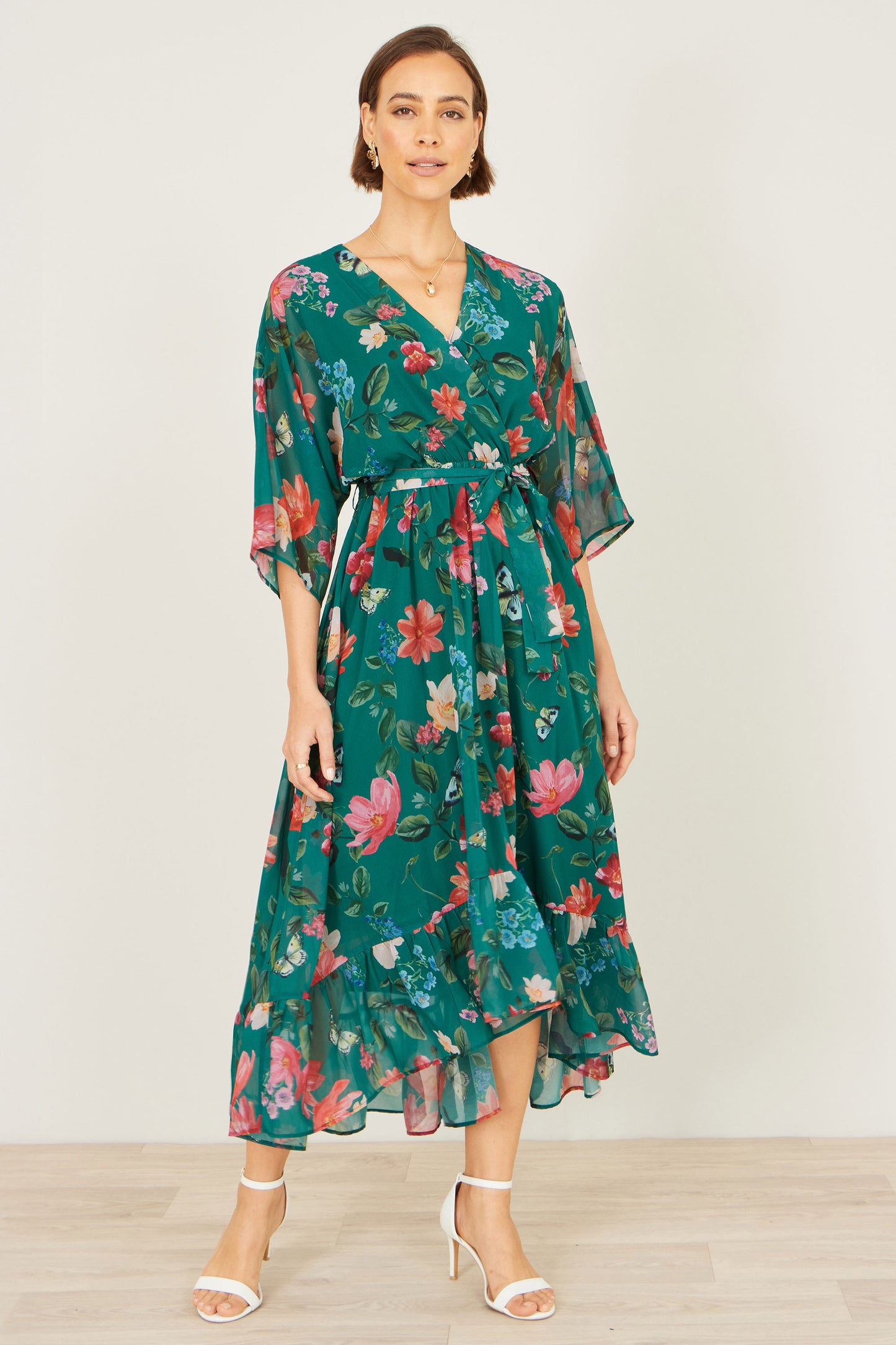 Yumi Green Floral Kimono Wrap Dress With Dip Hem Dress Occasion Yumi
