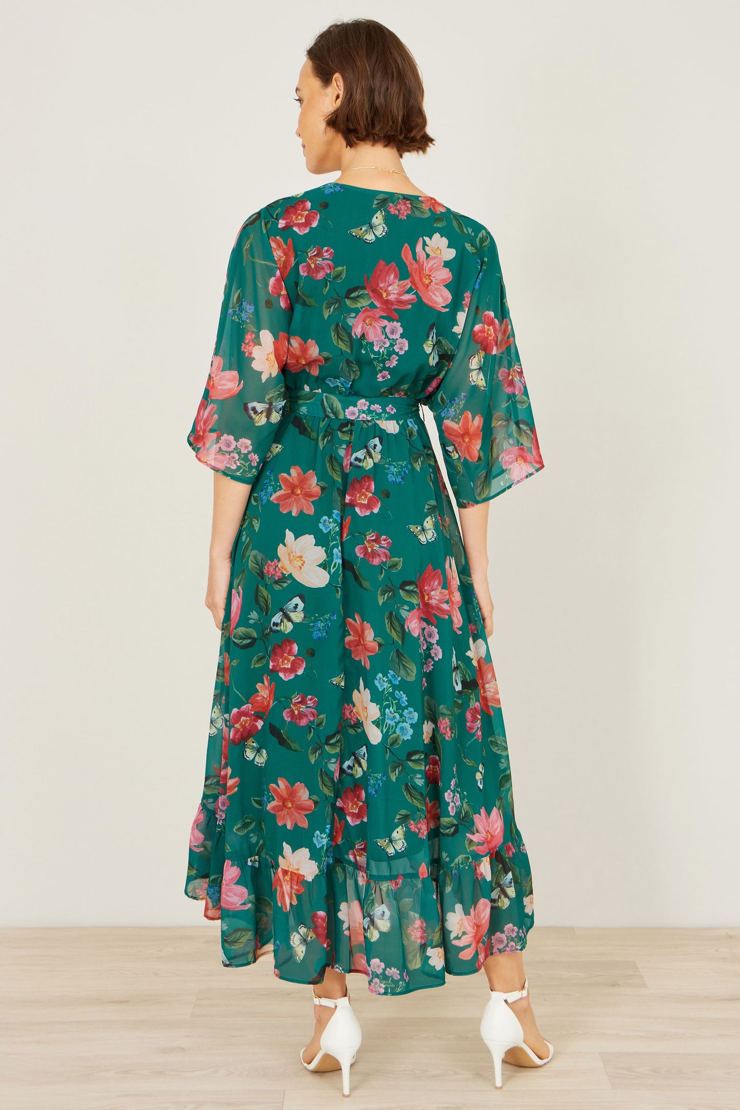Yumi Green Floral Kimono Wrap Dress With Dip Hem Dress Occasion Yumi