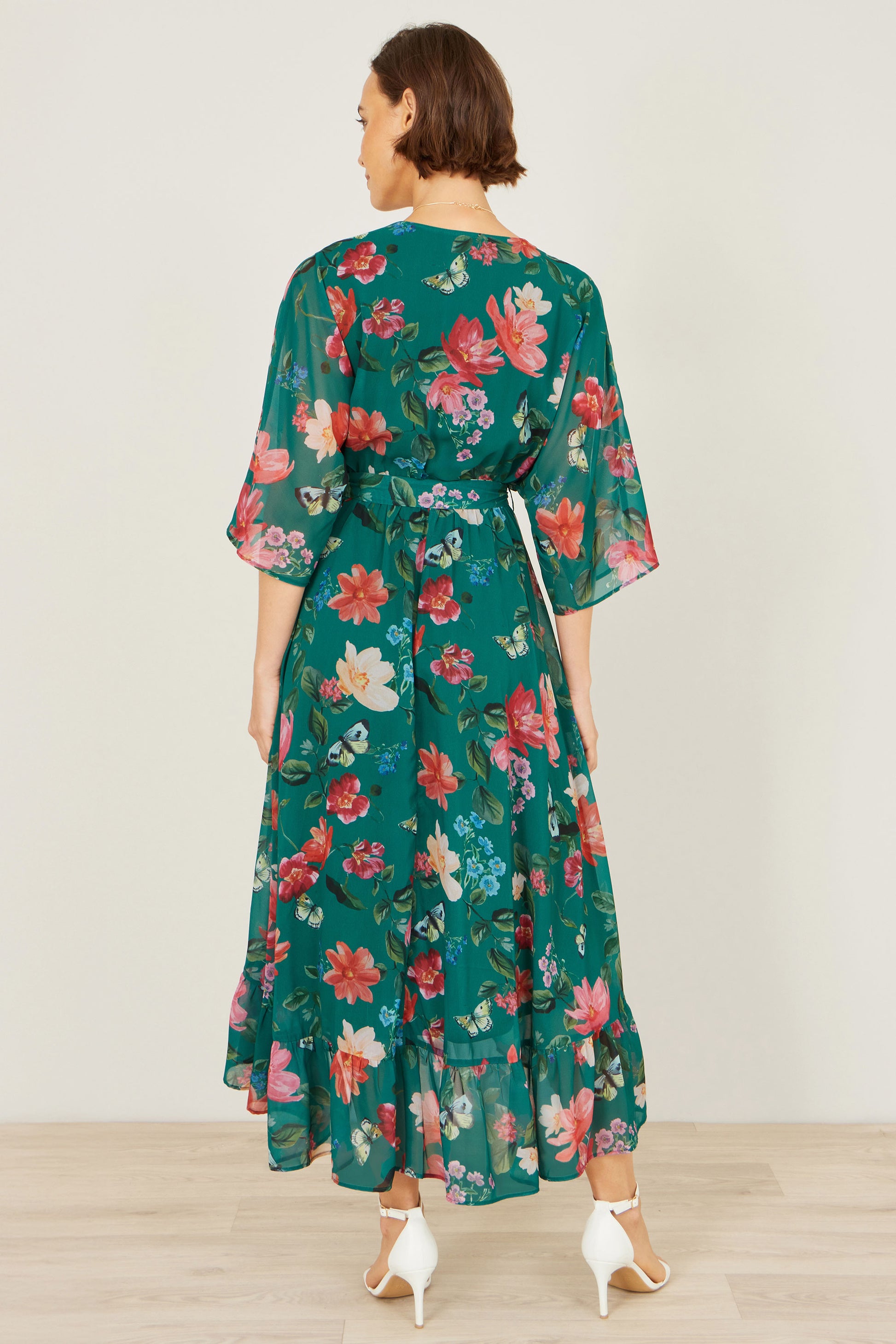 Yumi Green Floral Kimono Wrap Dress With Dip Hem Dress Occasion Yumi