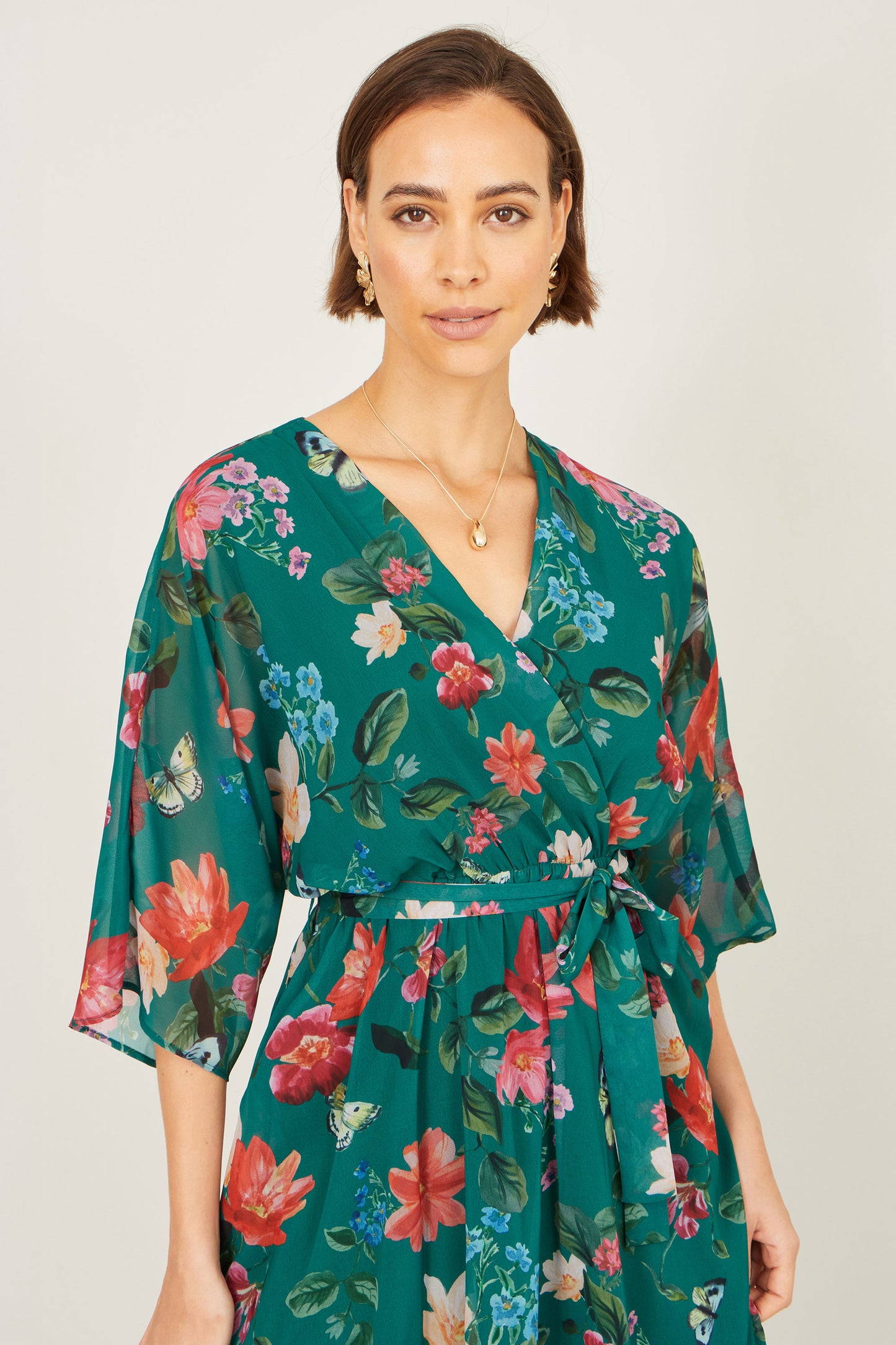 Yumi Green Floral Kimono Wrap Dress With Dip Hem Dress Occasion Yumi
