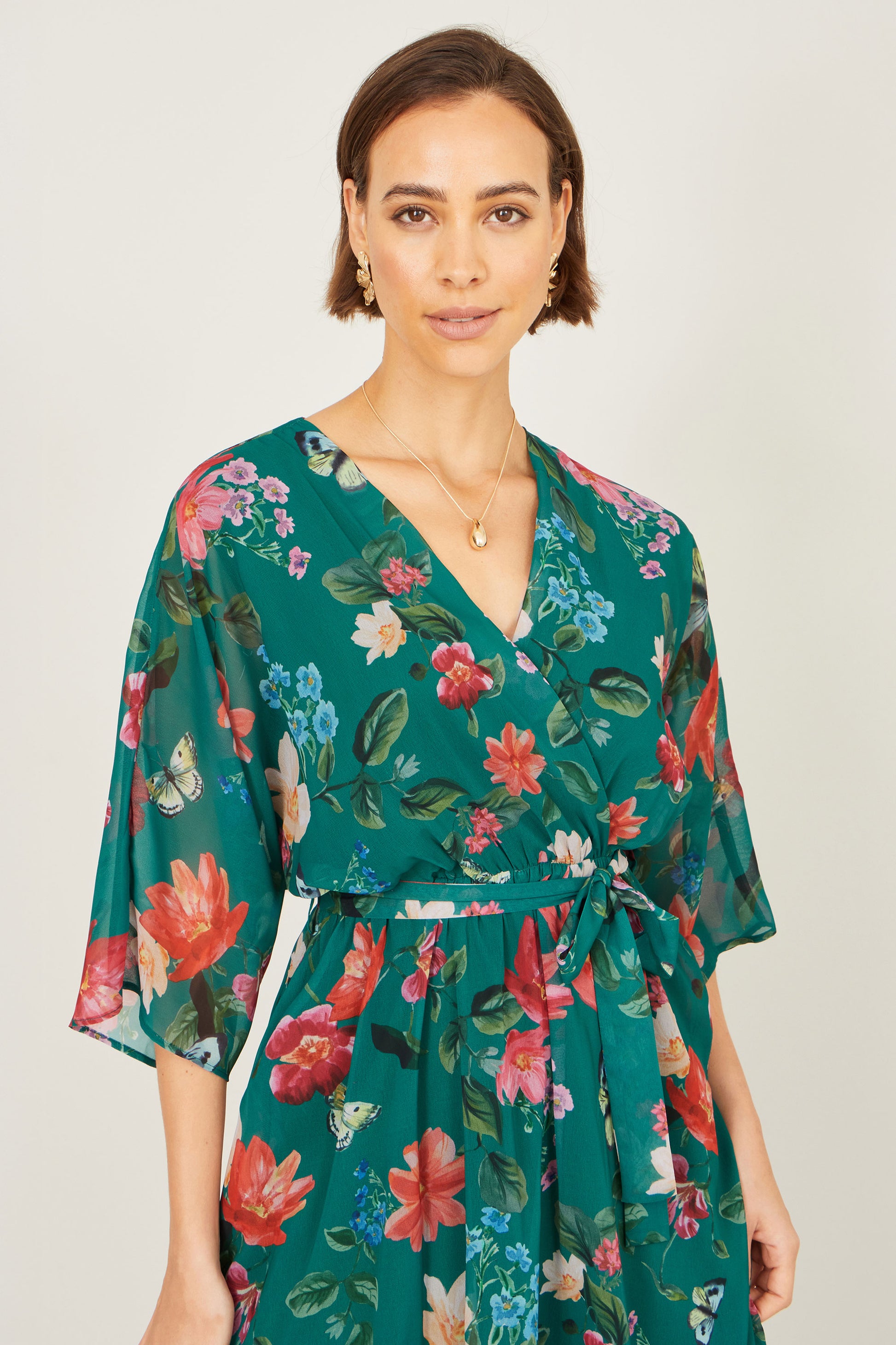 Yumi Green Floral Kimono Wrap Dress With Dip Hem Dress Occasion Yumi