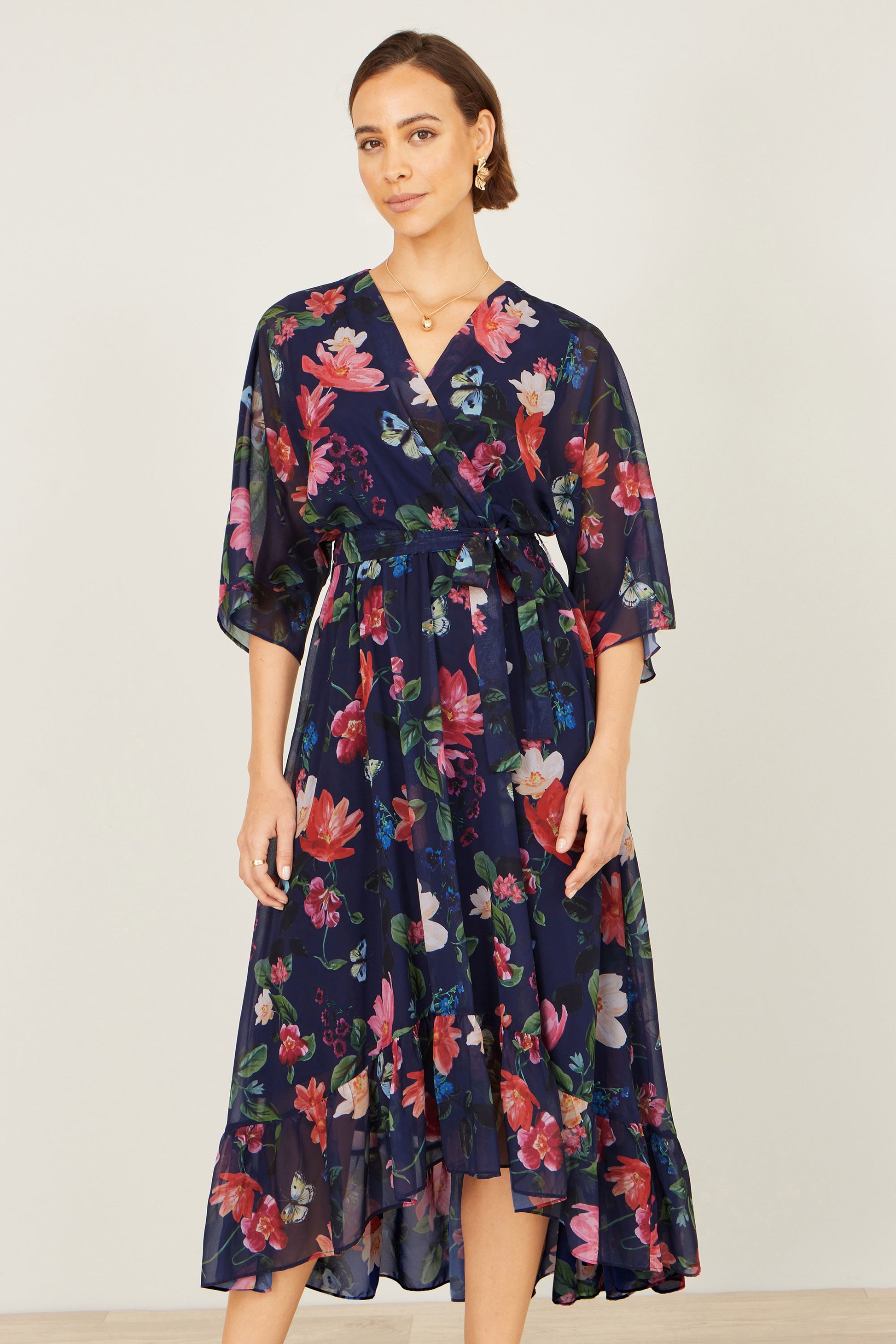 Yumi Navy Floral Kimono Wrap Dress With Dip Hem Dress Occasion Yumi