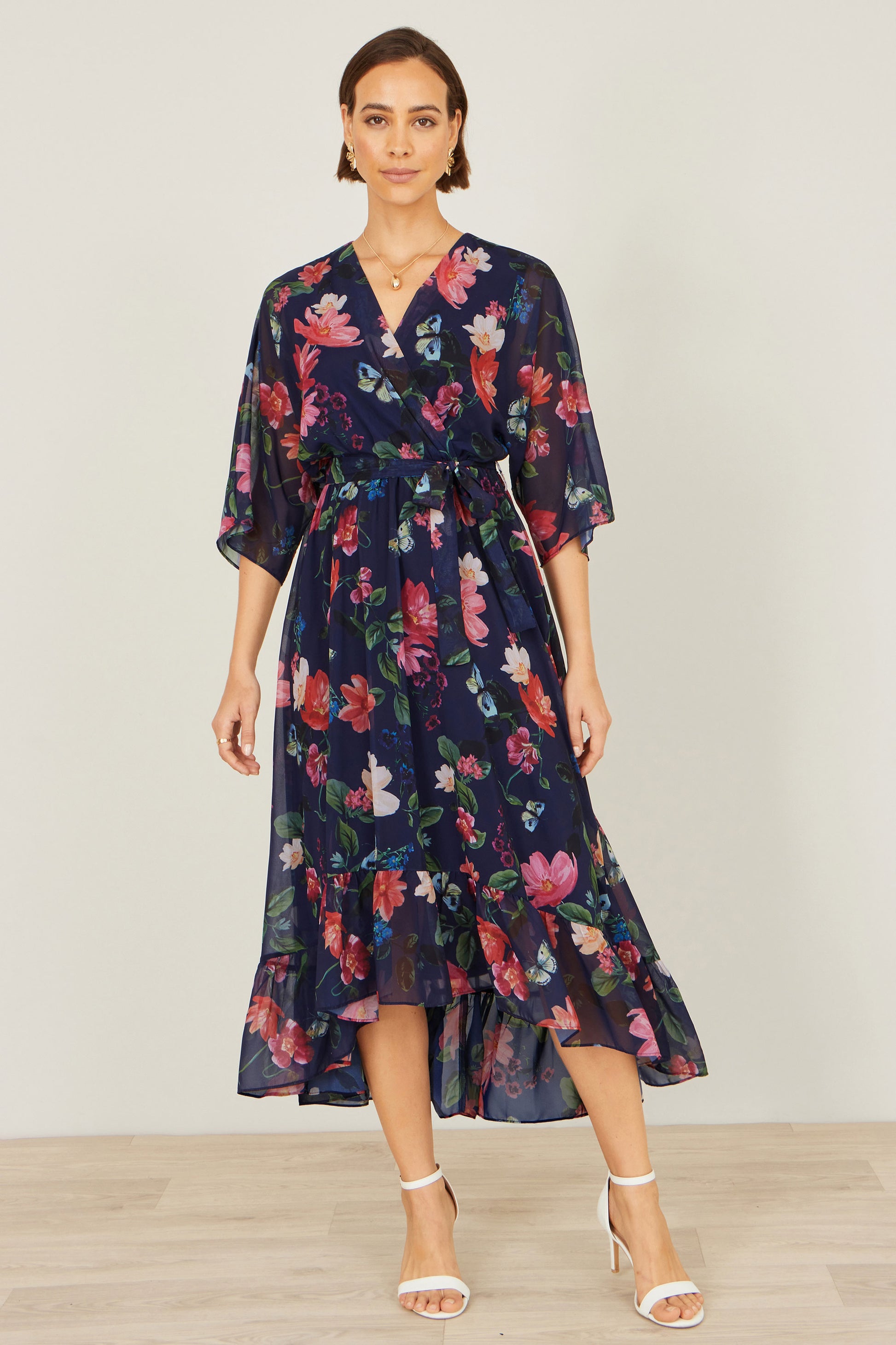 Yumi Navy Floral Kimono Wrap Dress With Dip Hem Dress Occasion Yumi