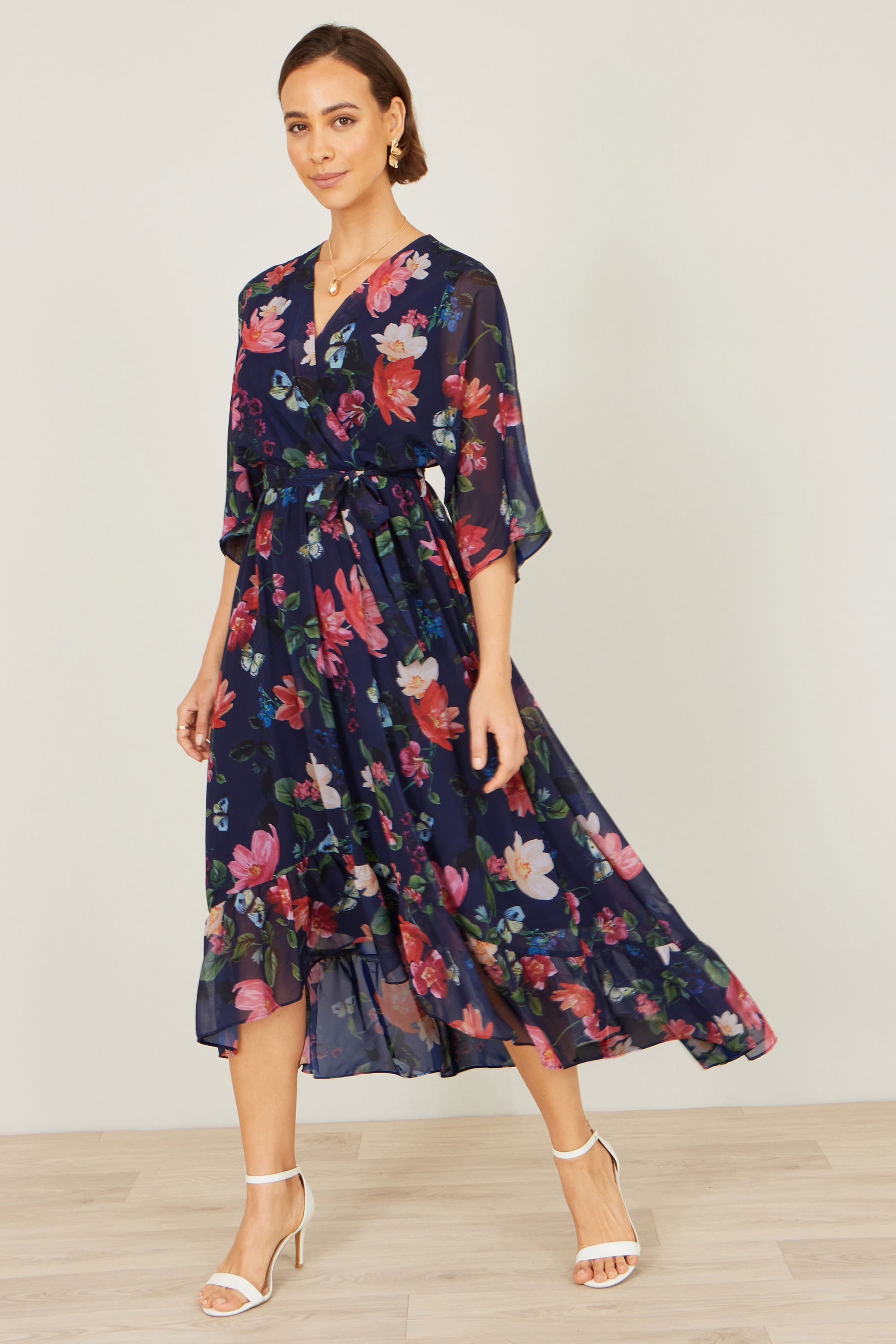 Yumi Navy Floral Kimono Wrap Dress With Dip Hem Dress Occasion Yumi