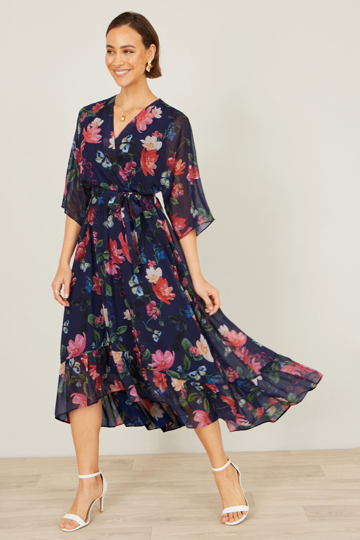 Yumi Navy Floral Kimono Wrap Dress With Dip Hem Dress Occasion Yumi