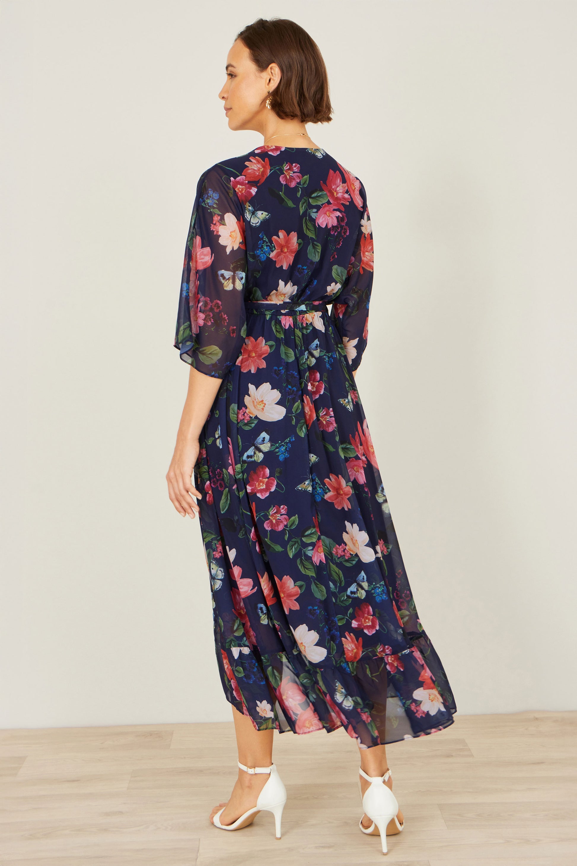 Yumi Navy Floral Kimono Wrap Dress With Dip Hem Dress Occasion Yumi