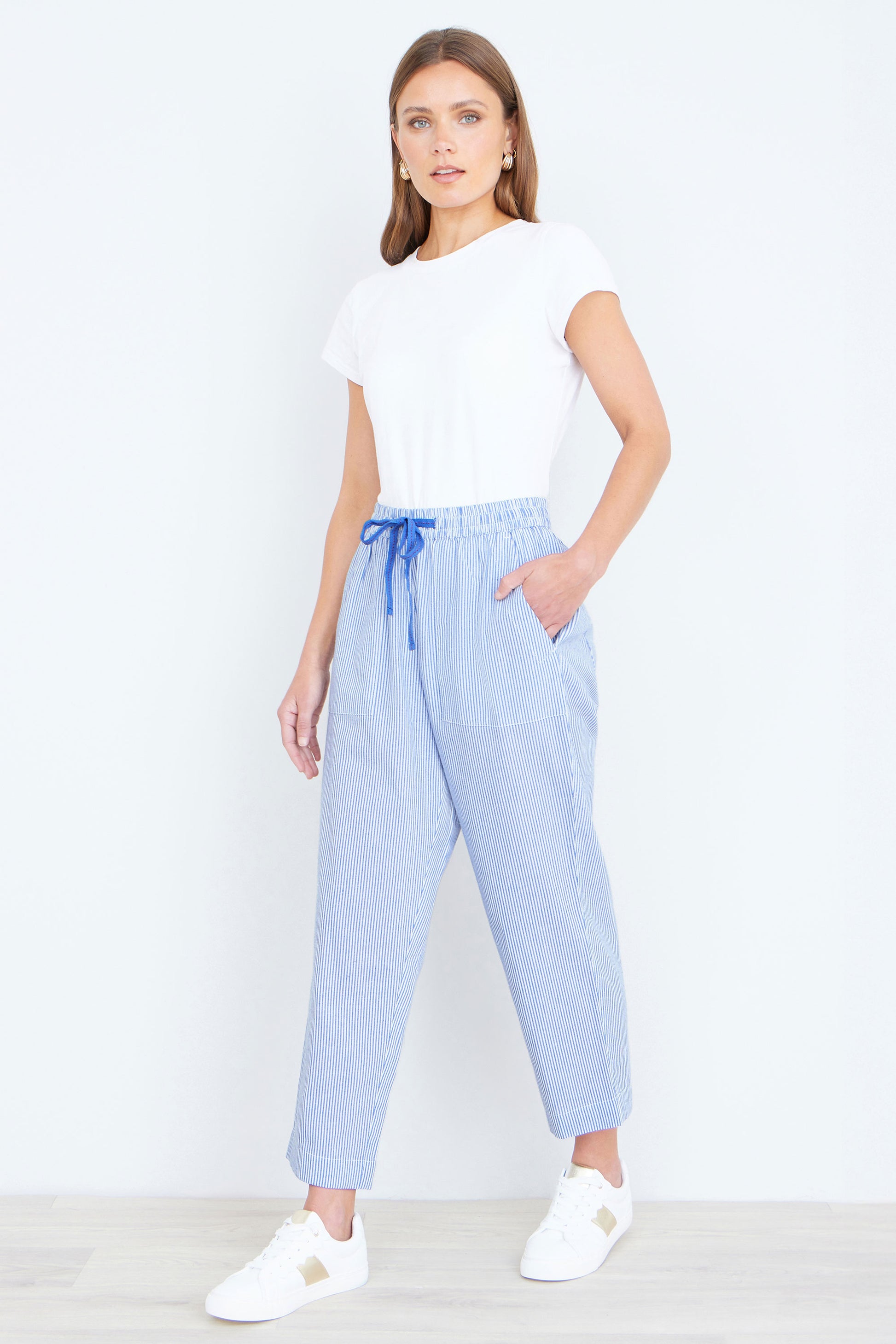 Yumi Blue Cotton Stripe Cropped Trousers TROUSER Yumi