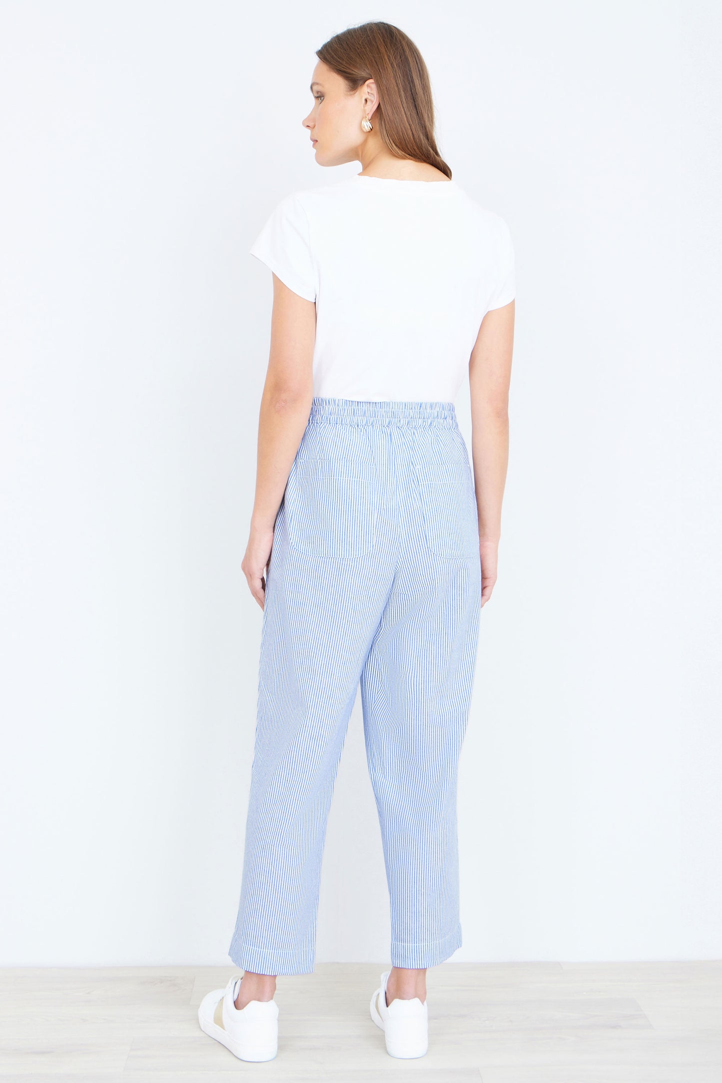 Yumi Blue Cotton Stripe Cropped Trousers TROUSER Yumi