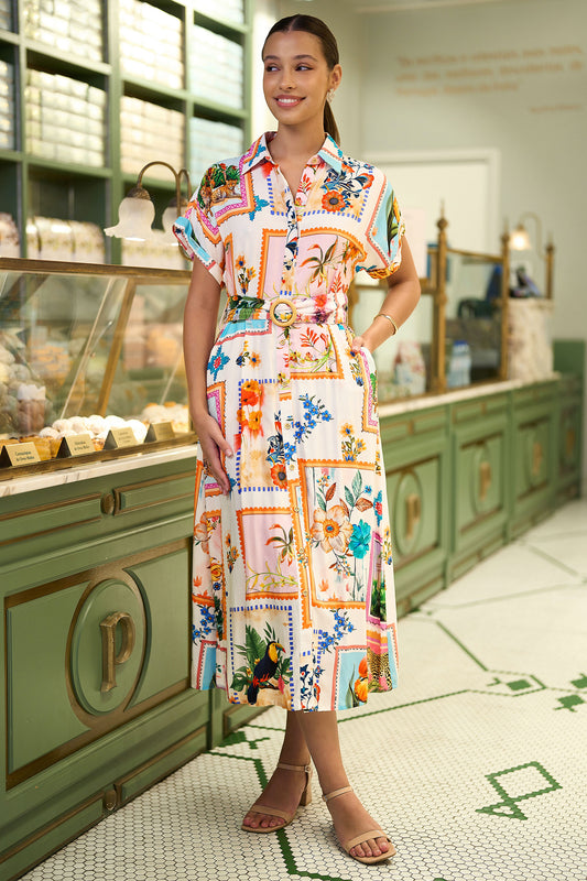 Yumi Ivory Tropical Postcard Print Relaxed Midi Shirt Dress Dress Casual Yumi