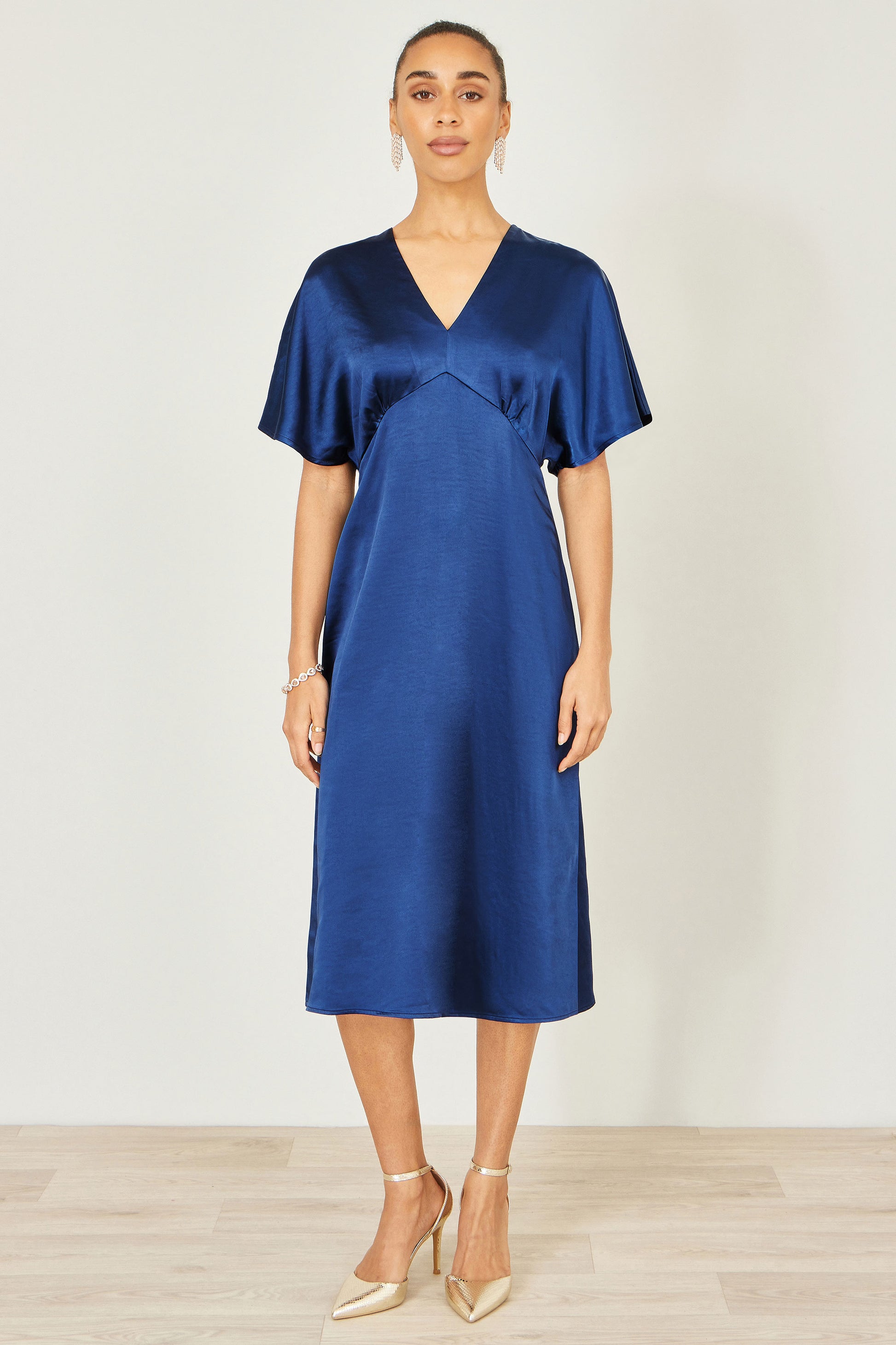 Yumi Navy Satin Midi Kimono Dress Dress Occasion Yumi