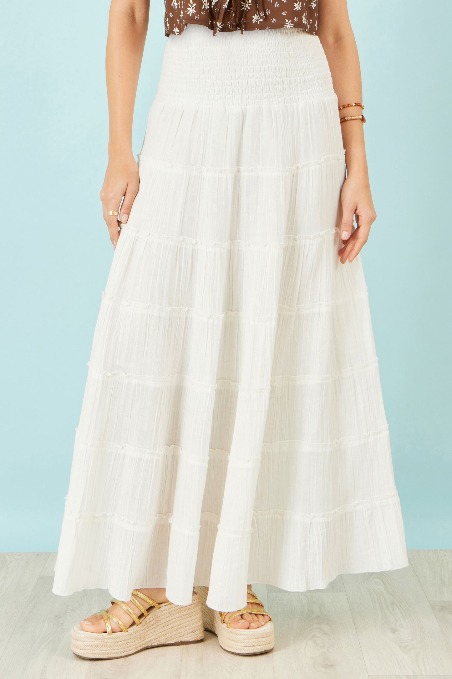 Yumi White Double Cotton Tiered Boho Maxi Skirt Skirts Yumi