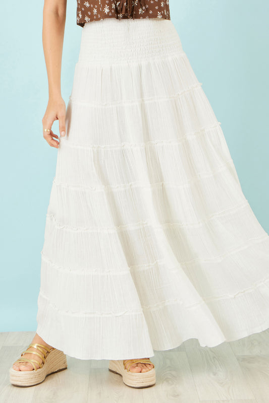Yumi White Double Cotton Tiered Boho Maxi Skirt Skirts Yumi