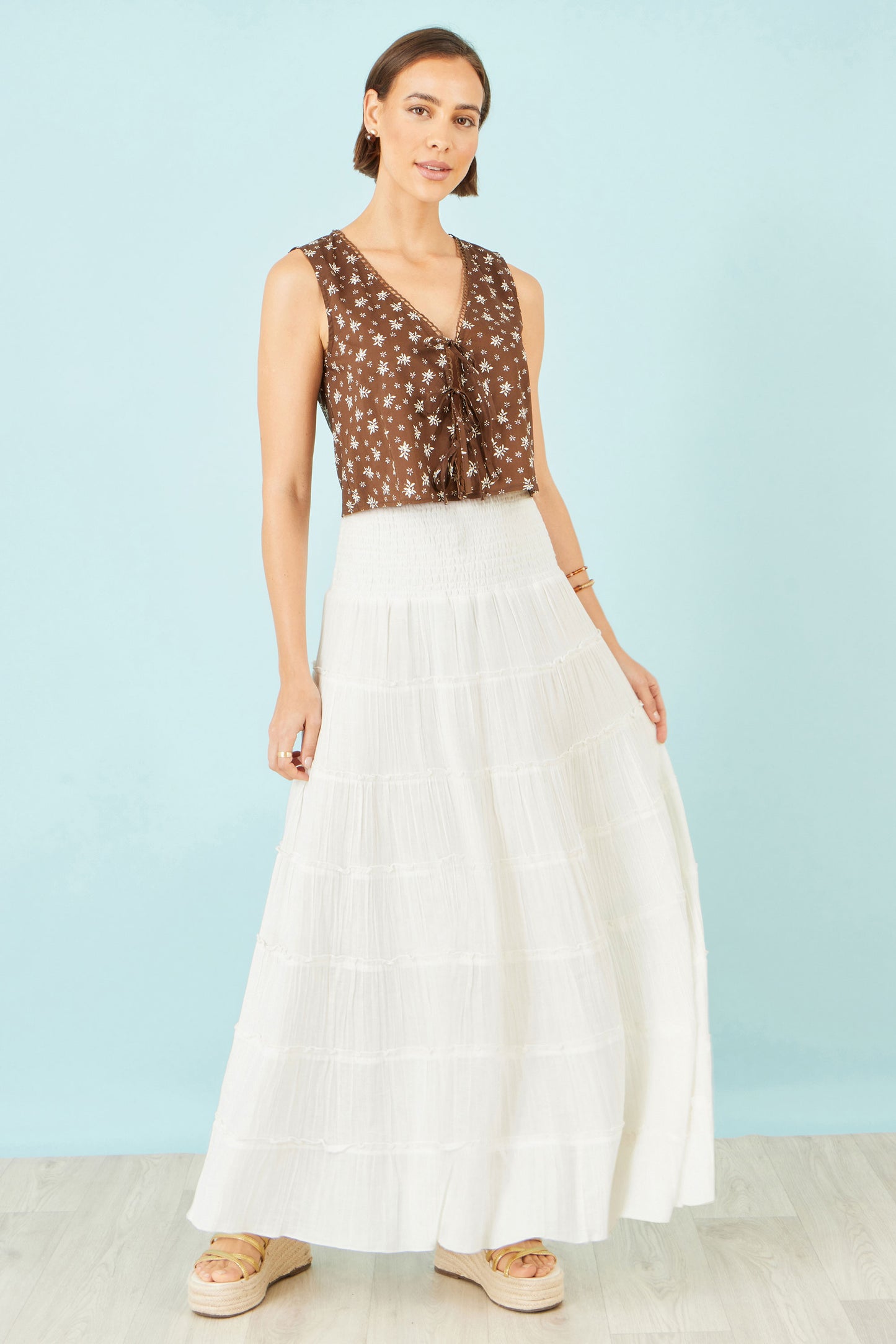 Yumi White Double Cotton Tiered Boho Maxi Skirt Skirts Yumi
