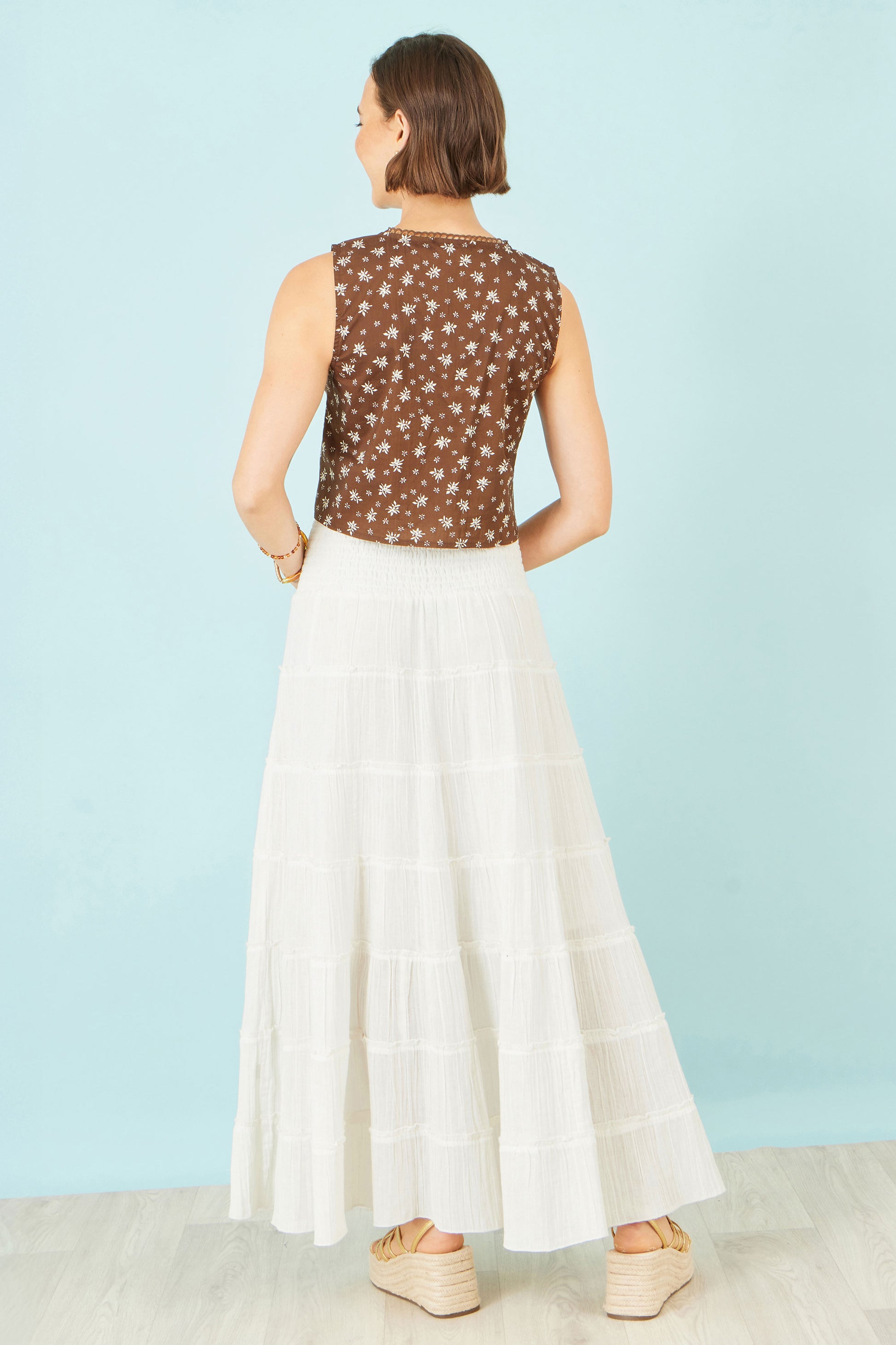 Yumi White Double Cotton Tiered Boho Maxi Skirt Skirts Yumi