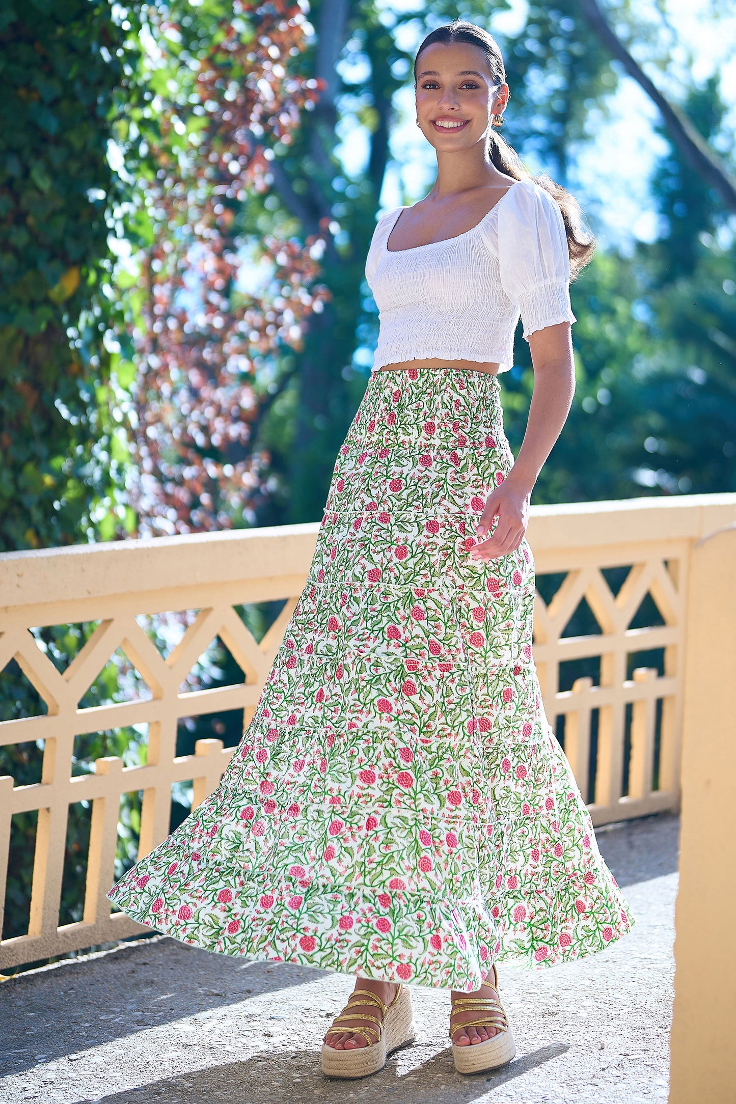 Yumi White Boho Print Cotton Floral Maxi Skirt Skirts Yumi