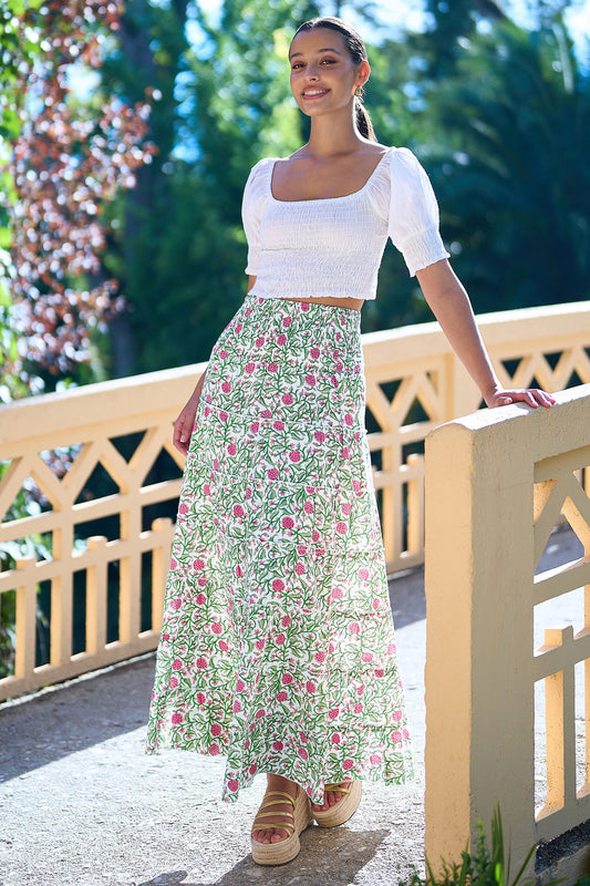 Yumi White Boho Print Cotton Floral Maxi Skirt Skirts Yumi