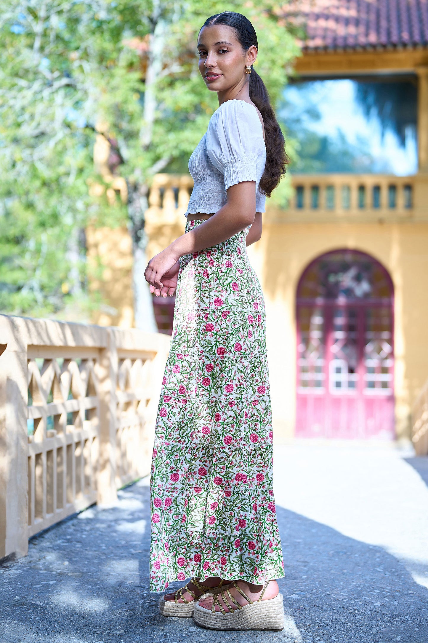 Yumi White Boho Print Cotton Floral Maxi Skirt Skirts Yumi