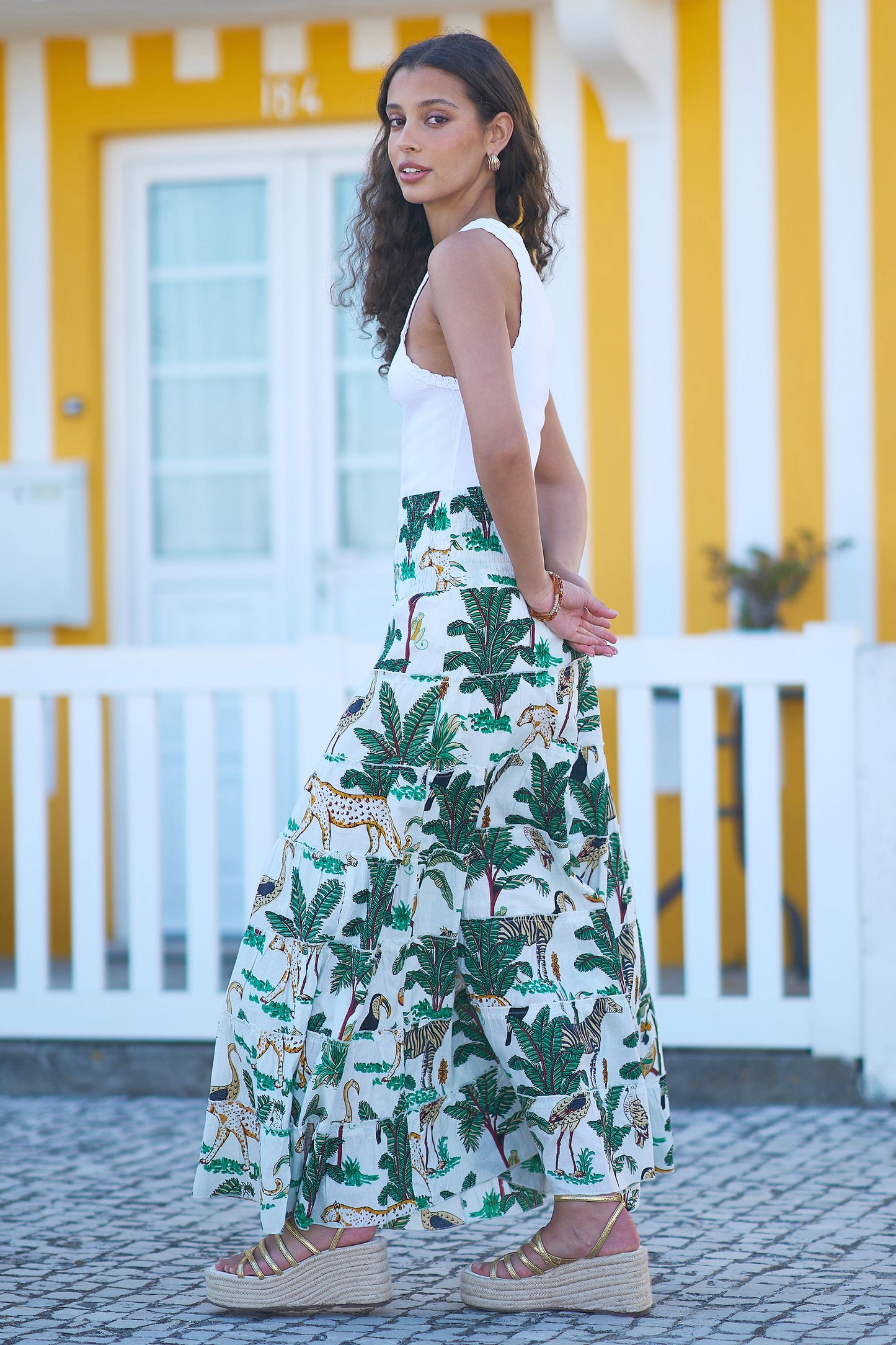 Yumi White Animal Print Cotton Tiered Maxi Skirt Skirts Yumi