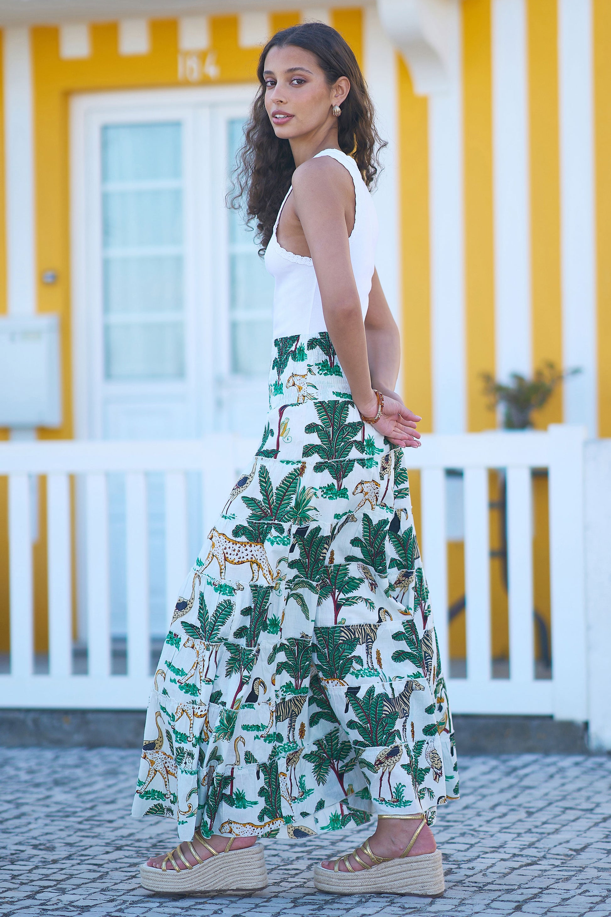 Yumi White Animal Print Cotton Tiered Maxi Skirt Skirts Yumi