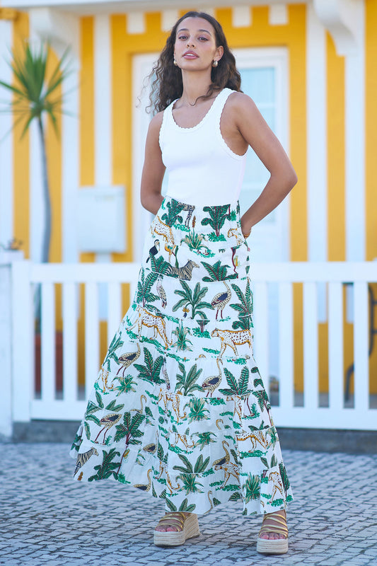 Yumi White Animal Print Cotton Tiered Maxi Skirt Skirts Yumi
