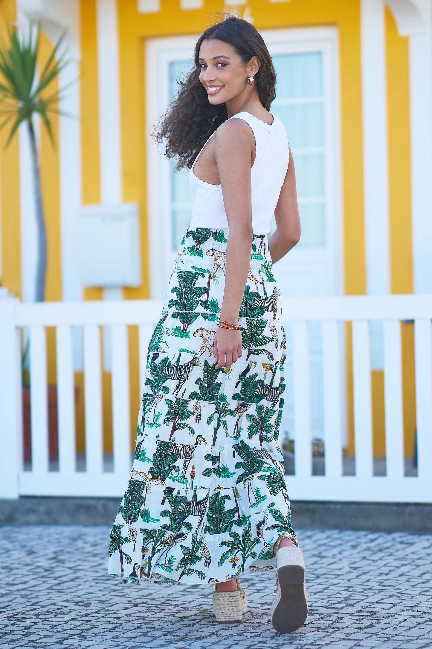 Yumi White Animal Print Cotton Tiered Maxi Skirt Skirts Yumi