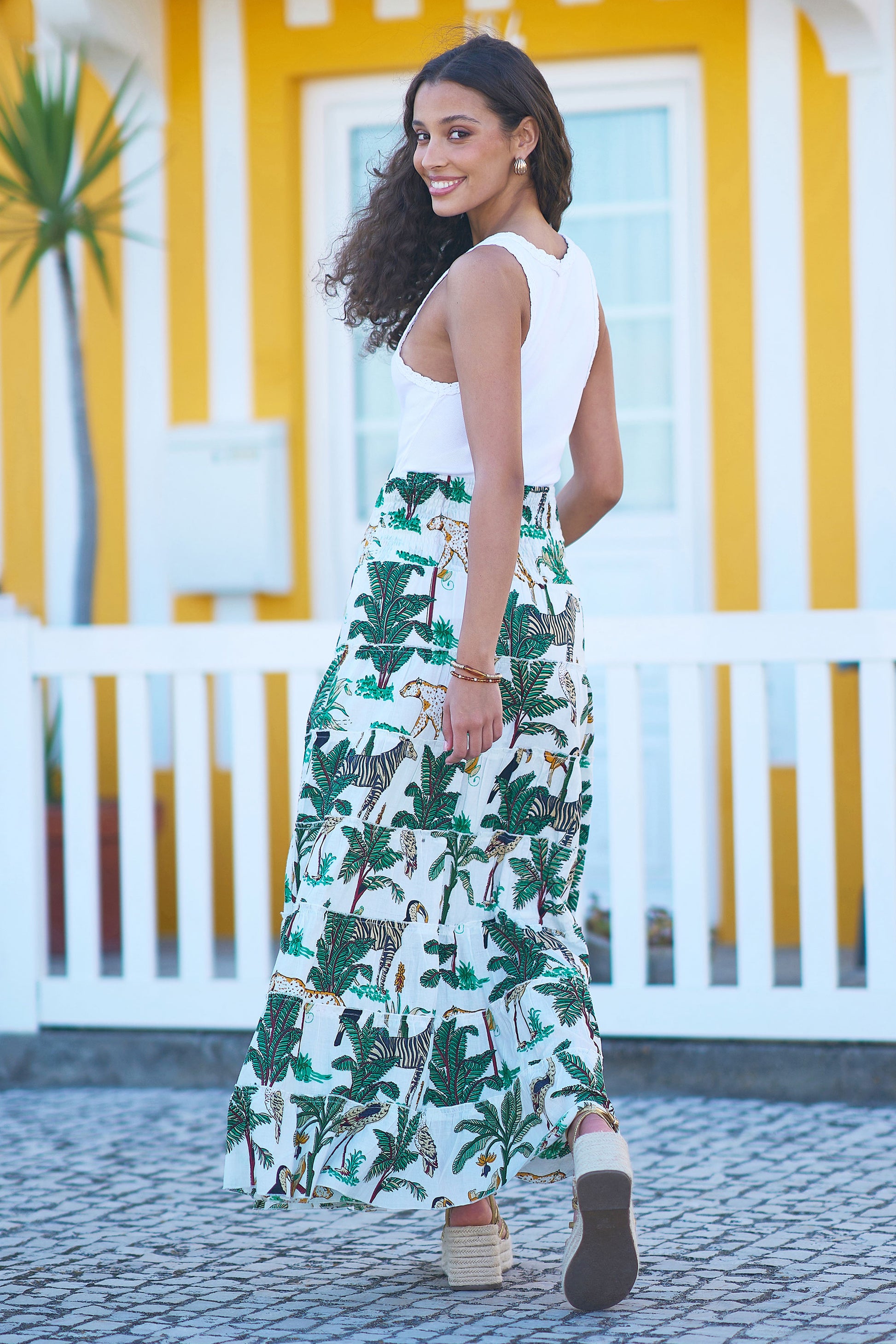 Yumi White Animal Print Cotton Tiered Maxi Skirt Skirts Yumi