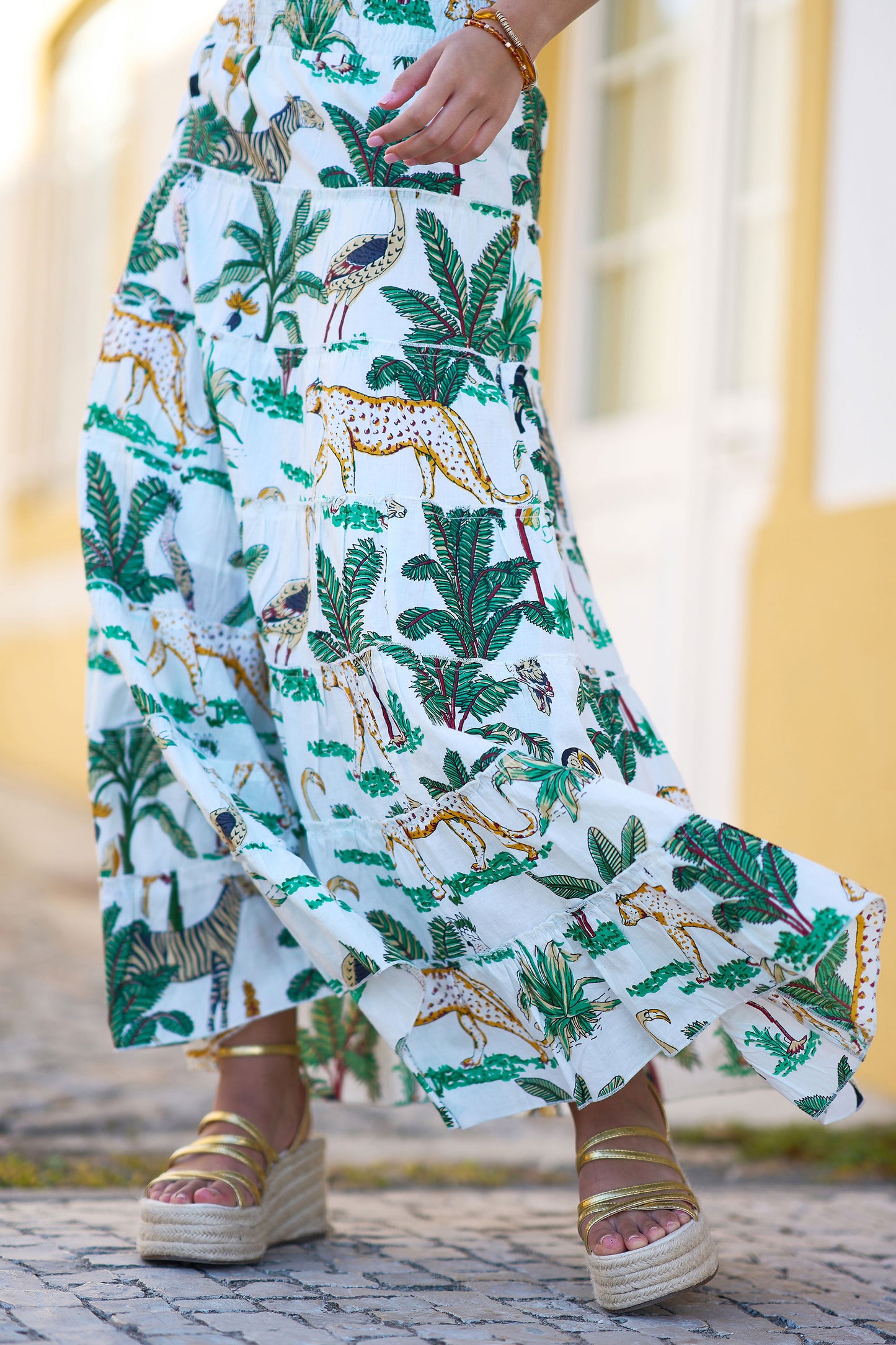 Yumi White Animal Print Cotton Tiered Maxi Skirt Skirts Yumi