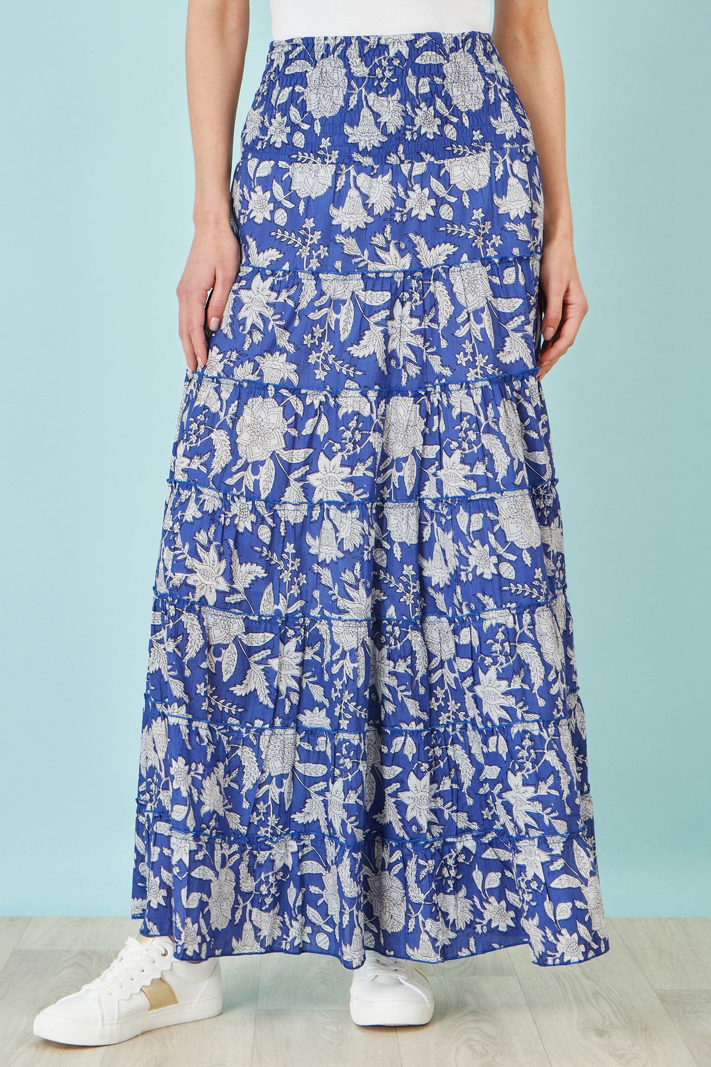 Yumi Blue Floral Cotton Tiered Maxi Skirt Skirts Yumi