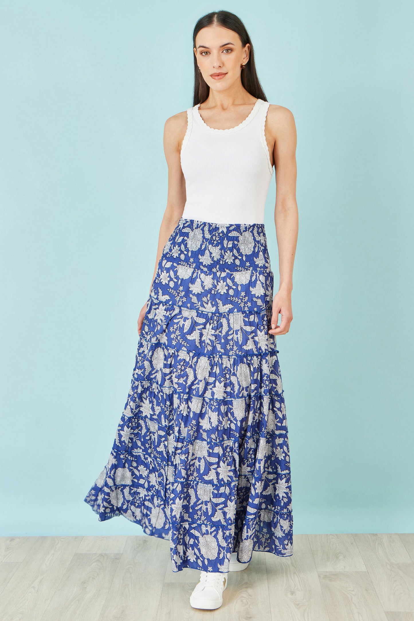 Yumi Blue Floral Cotton Tiered Maxi Skirt Skirts Yumi