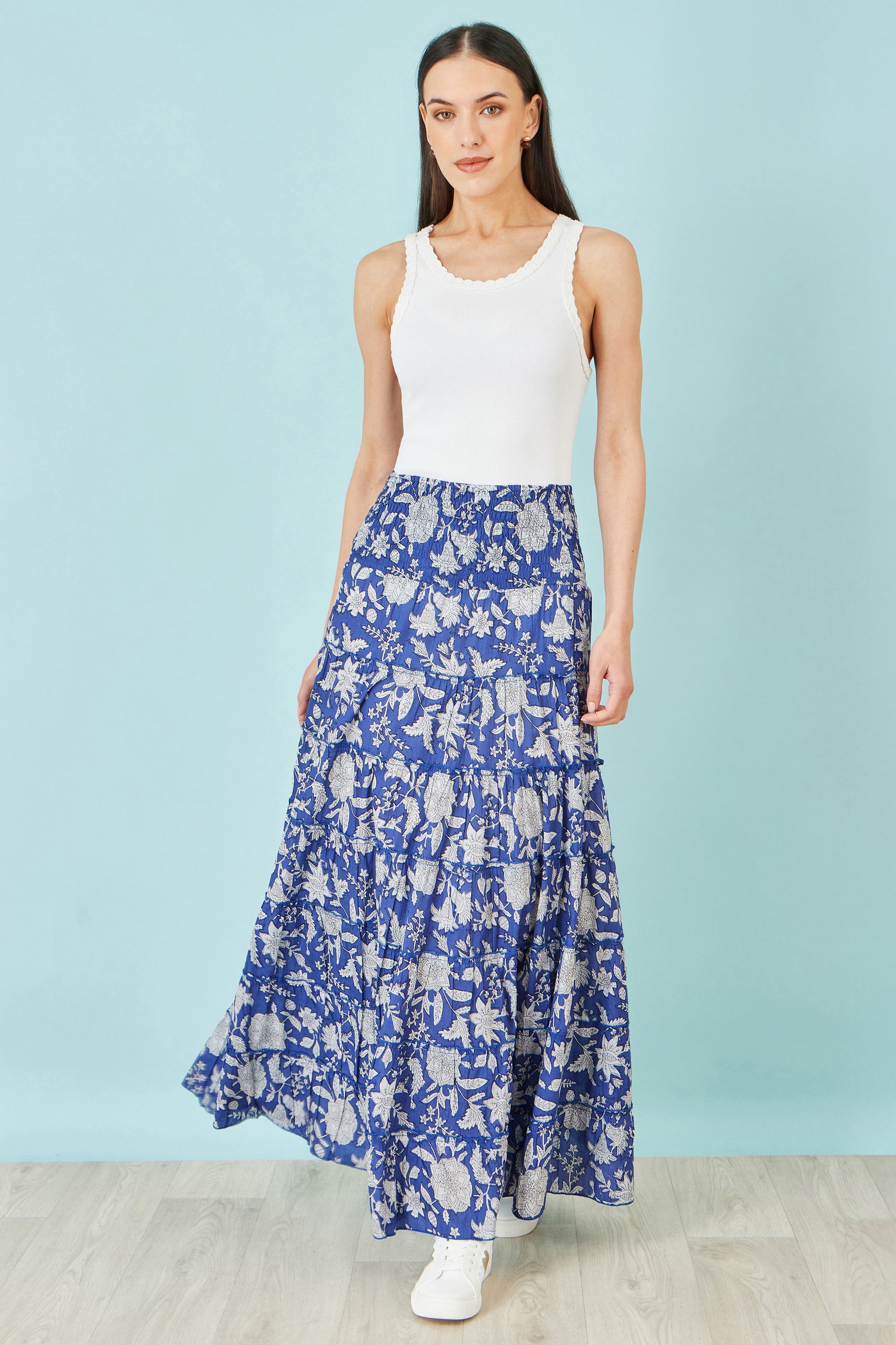 Yumi Blue Floral Cotton Tiered Maxi Skirt Skirts Yumi