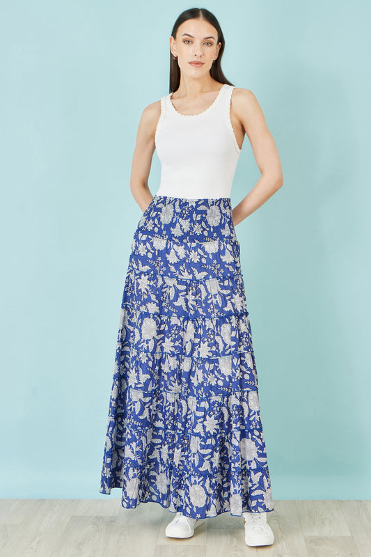 Yumi Blue Floral Cotton Tiered Maxi Skirt Skirts Yumi
