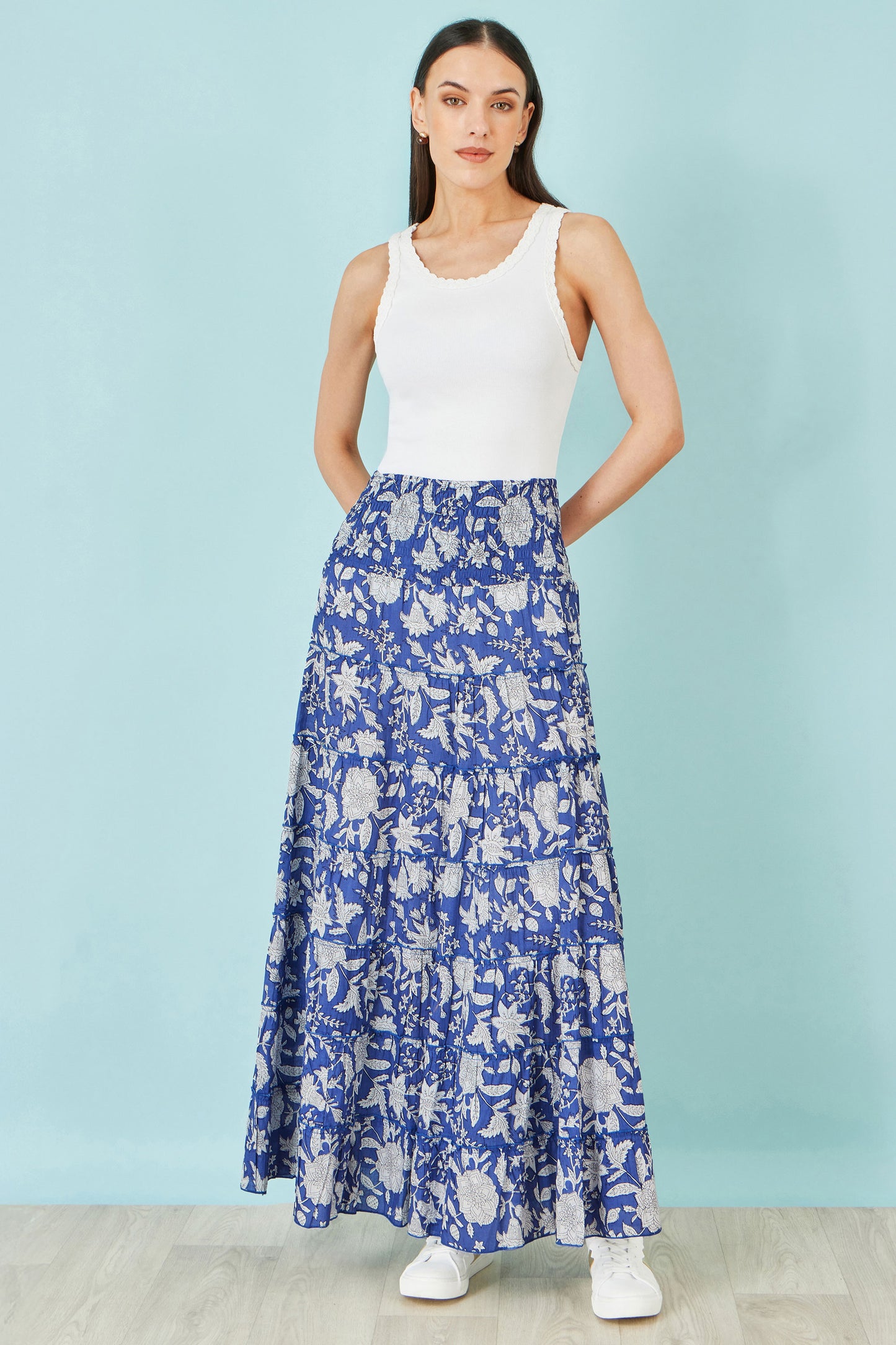 Yumi Blue Floral Cotton Tiered Maxi Skirt Skirts Yumi