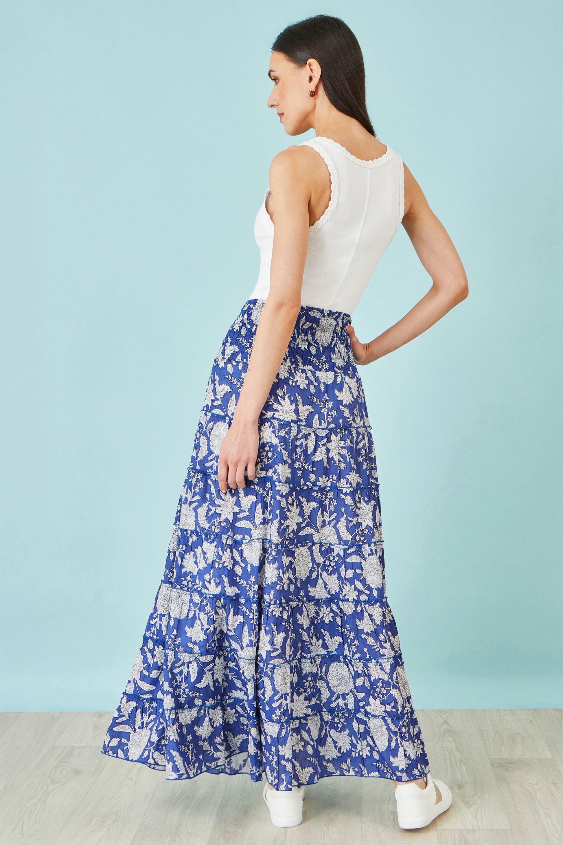Yumi Blue Floral Cotton Tiered Maxi Skirt Skirts Yumi