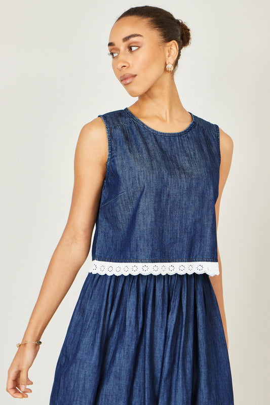 yumi denim dress Yumi Blue Chambray Denim Midi Dress With Embroidery And Puff Sleeves by Yumi