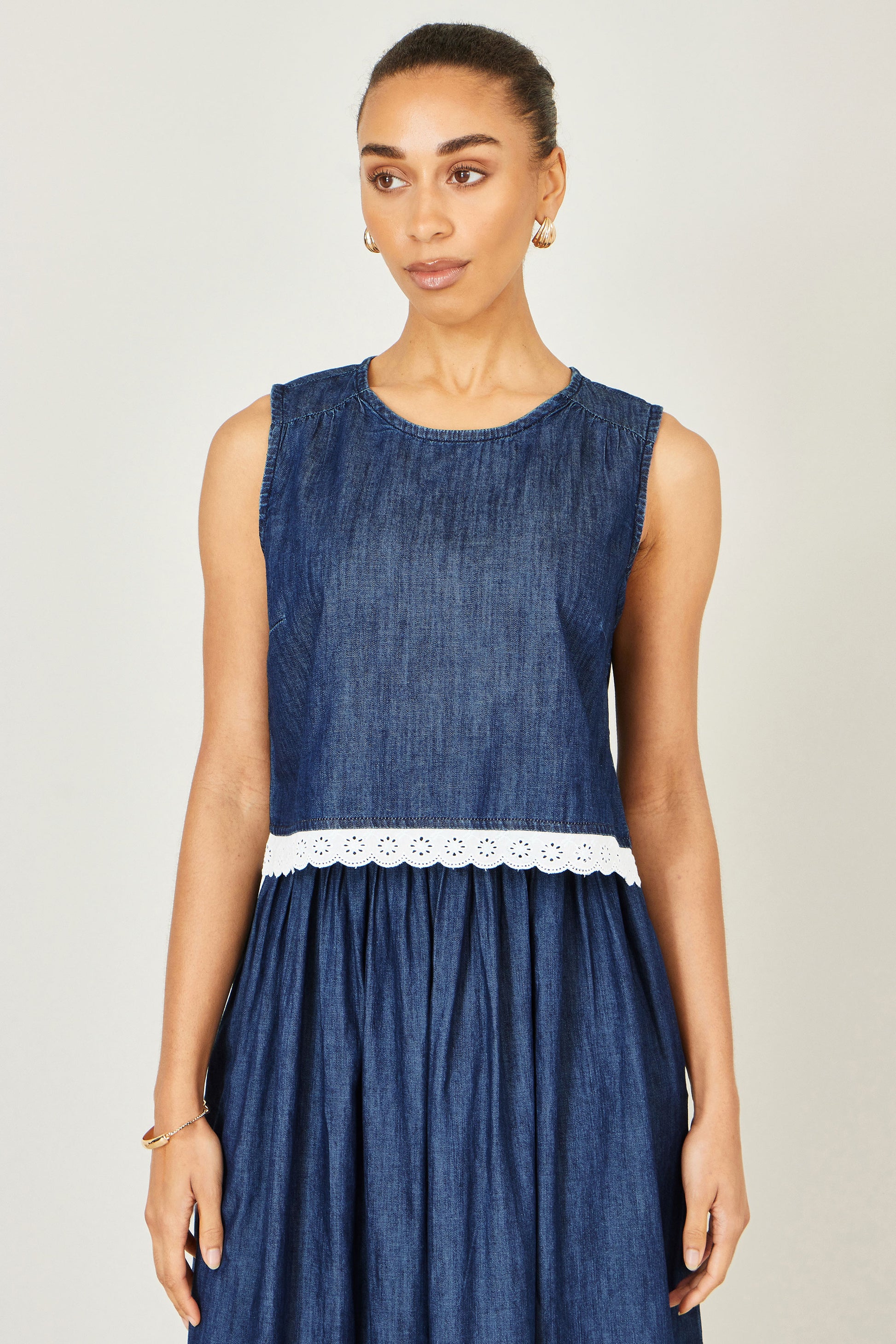 Yumi Blue Cotton Chambray Top With Lace Trims Tops Yumi