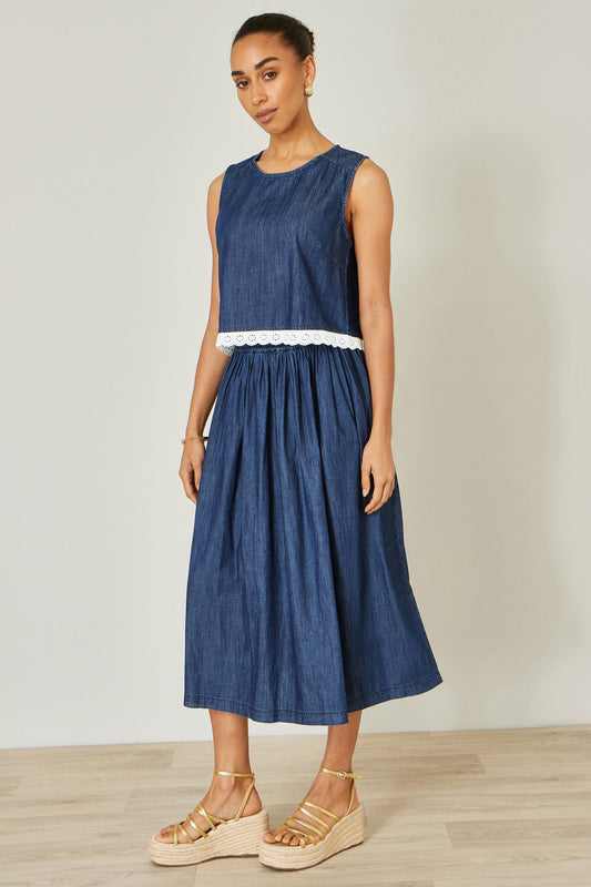 Yumi Blue Cotton Chambray Top With Lace Trims Tops Yumi