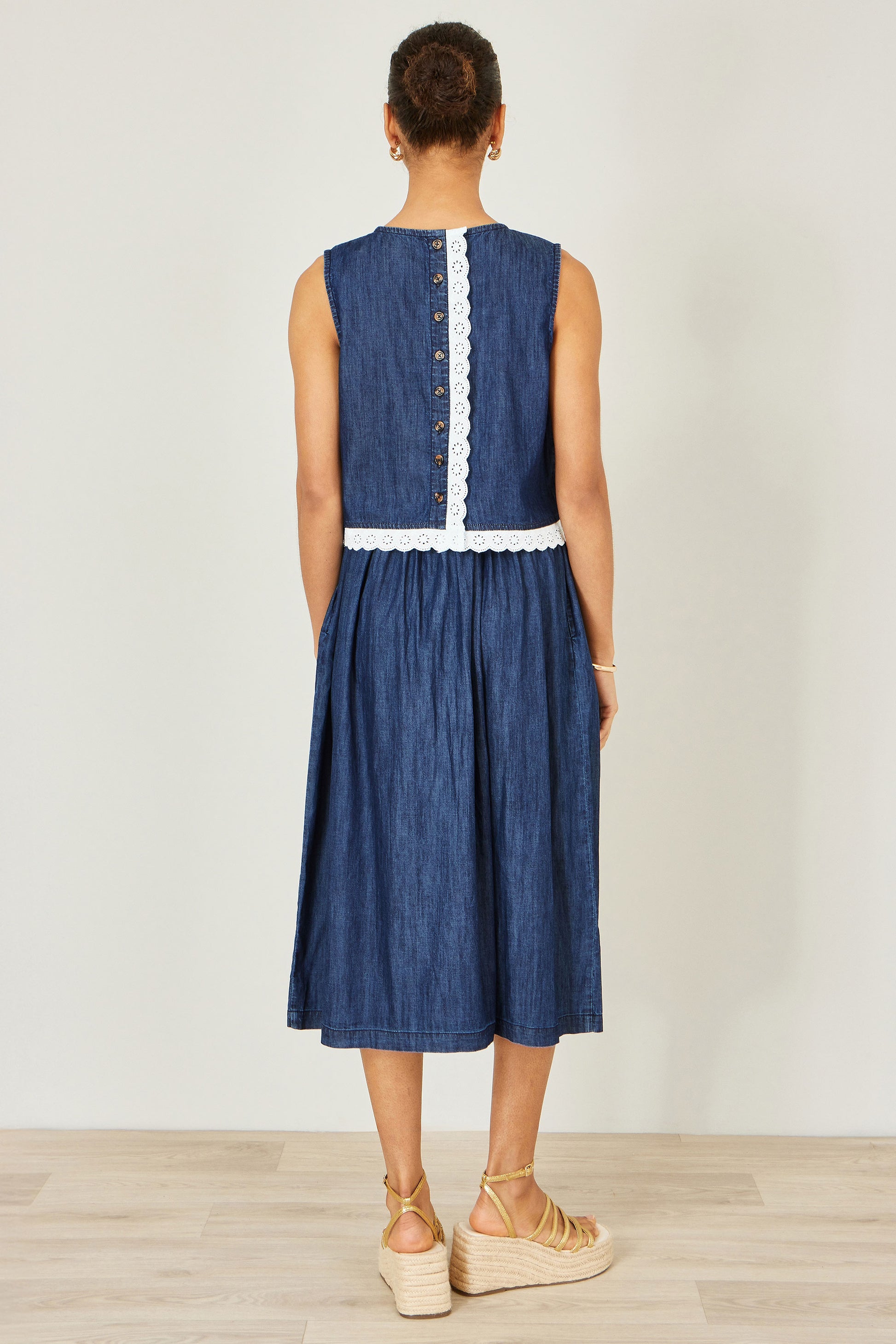 Yumi Blue Cotton Chambray Top With Lace Trims Tops Yumi
