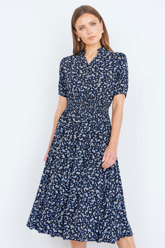 Yumi Navy Ditsy Floral Midi Shirt Dress With Ruched Waist Dress Casual Yumi