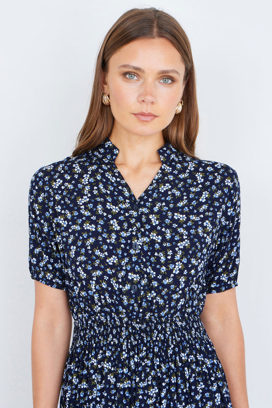 Yumi Navy Ditsy Floral Midi Shirt Dress With Ruched Waist Dress Casual Yumi