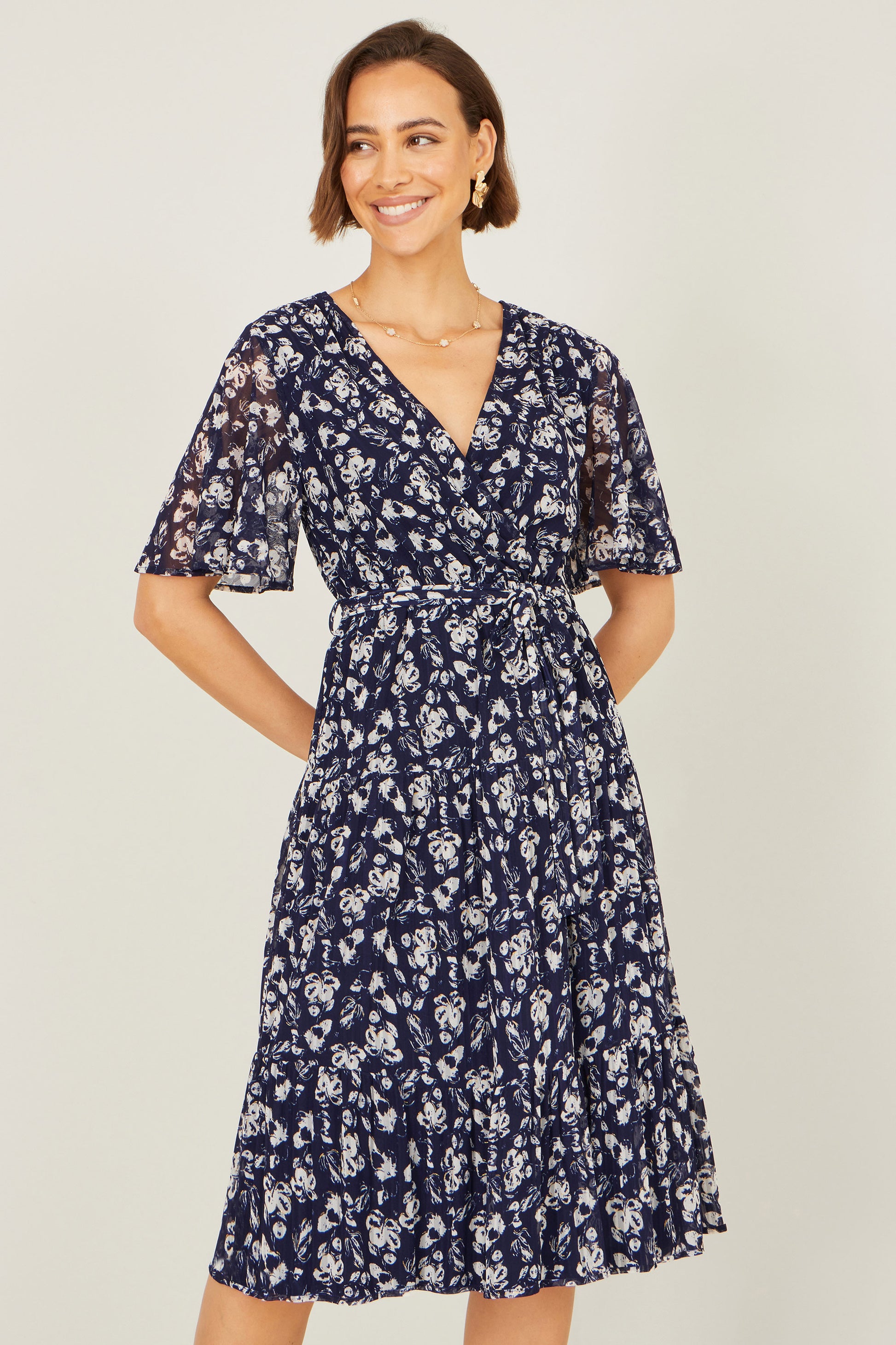 Yumi Navy Floral Mesh Wrap Dress Dress Casual Yumi