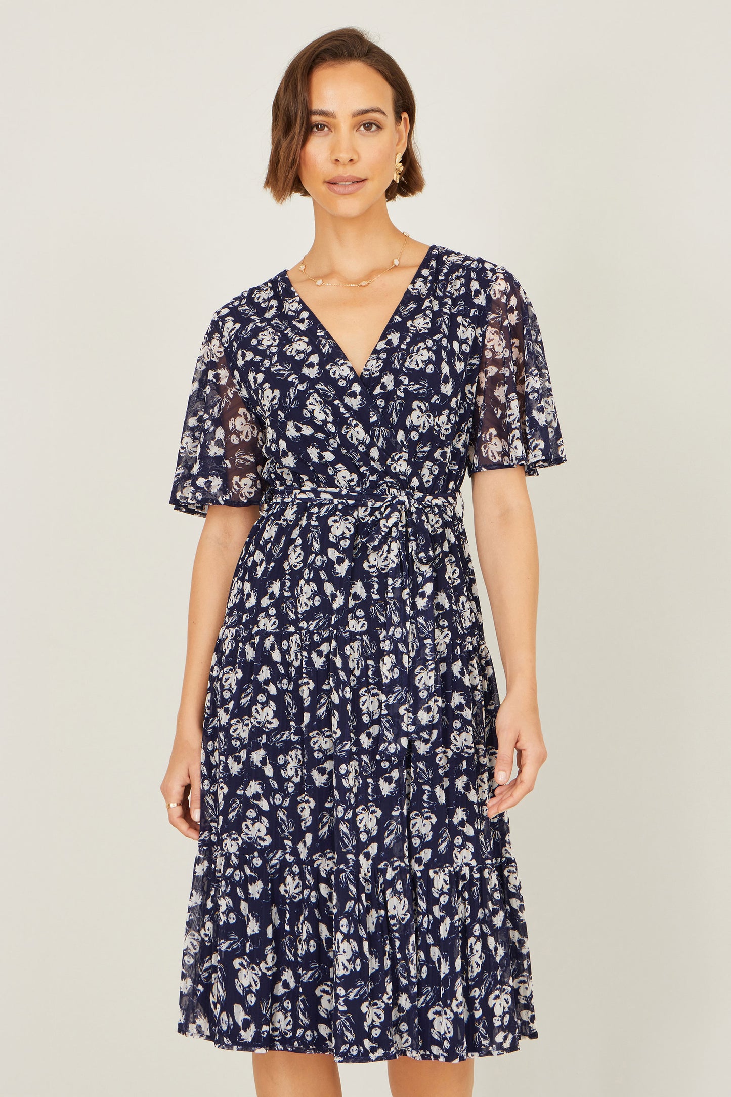 Yumi Navy Floral Mesh Wrap Dress Dress Casual Yumi