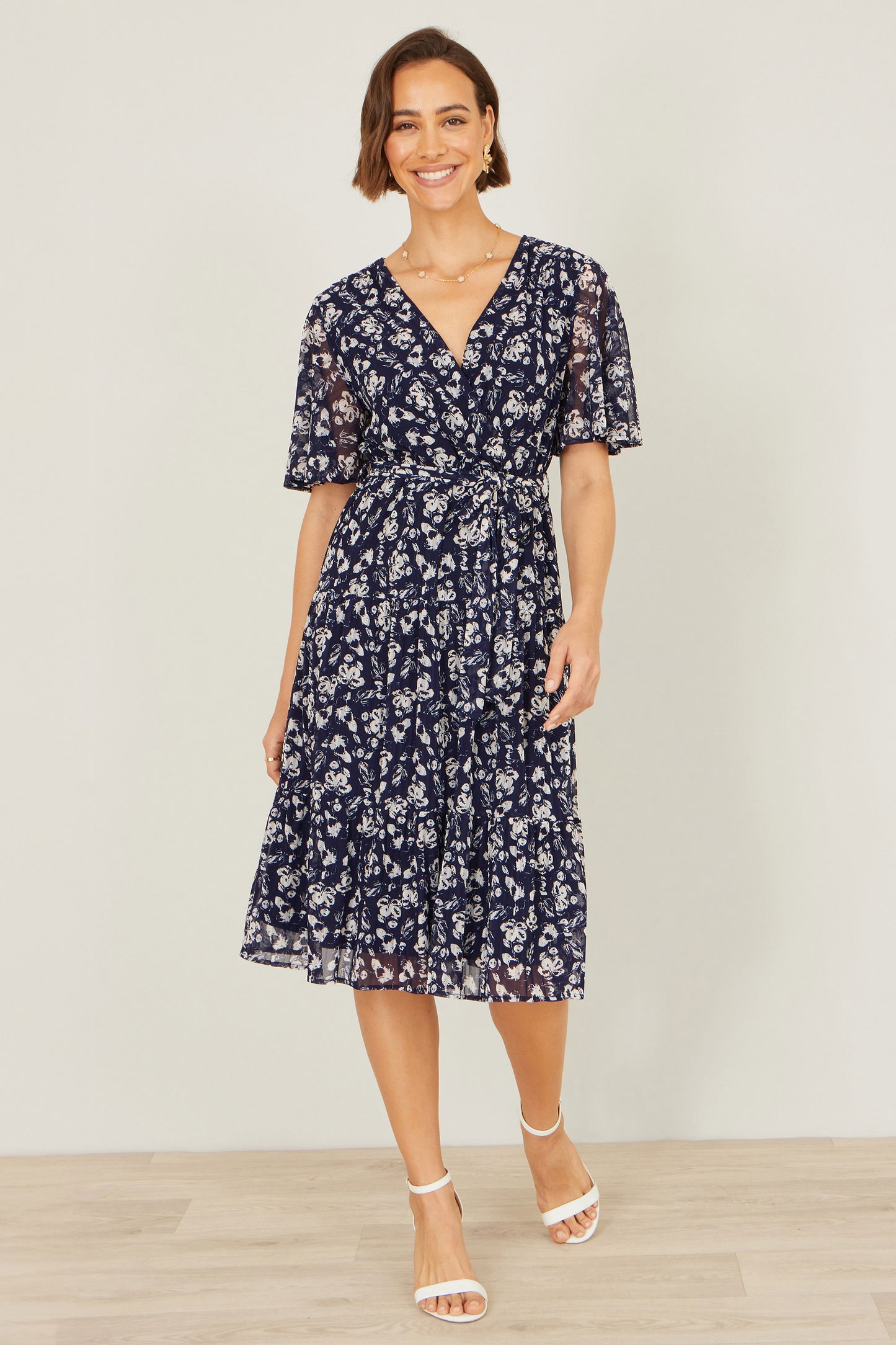 Yumi Navy Floral Mesh Wrap Dress Dress Casual Yumi