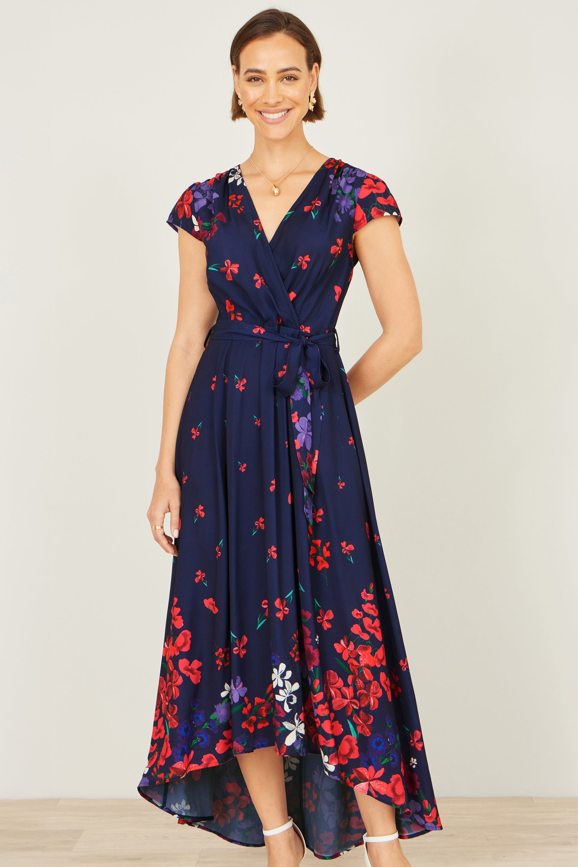 Yumi Navy Floral Mirror Wrap Dress With Dip Hem Dress Occasion Yumi