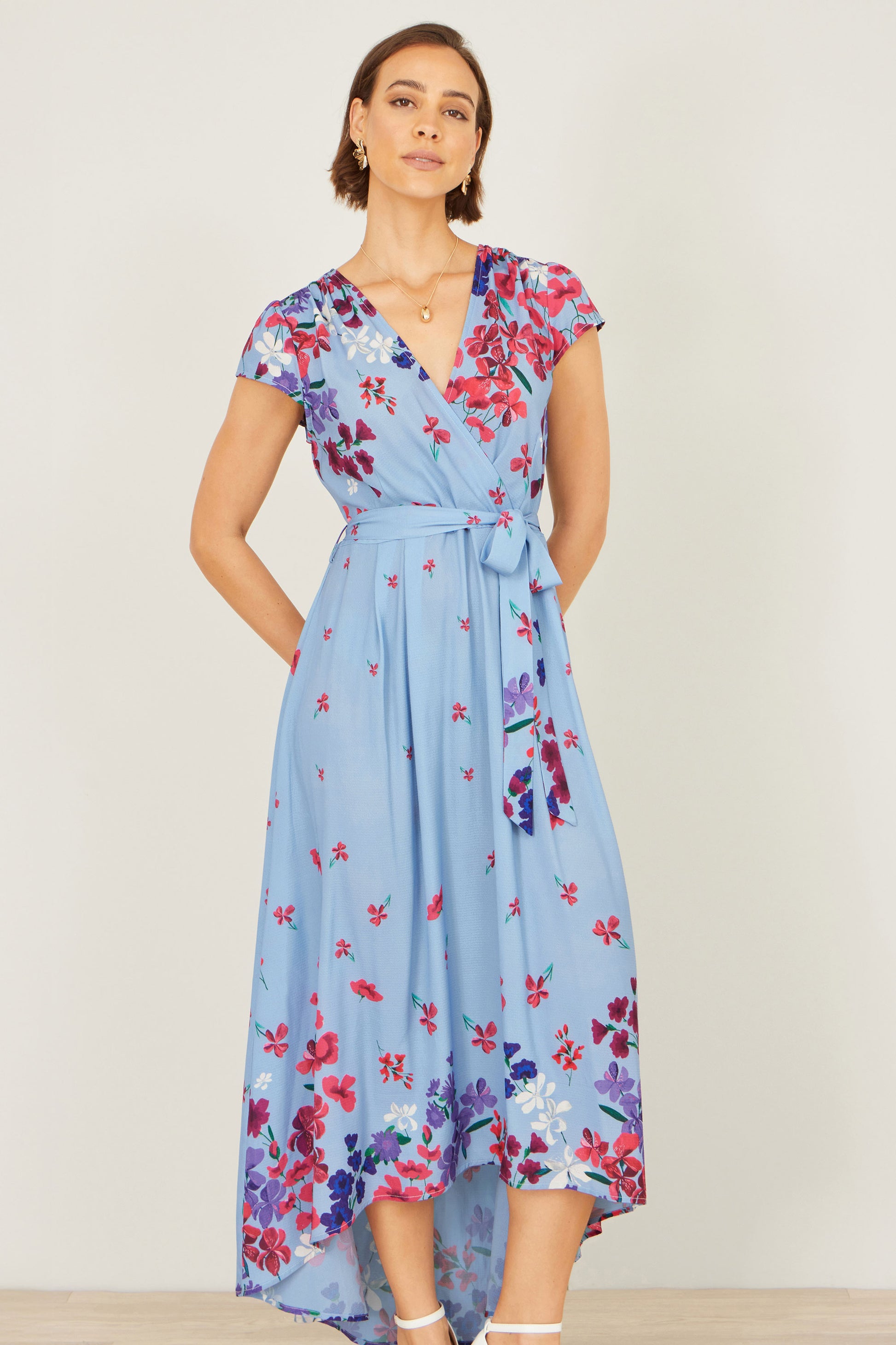 Yumi Blue Floral Mirror Wrap High Low Midi Wrap Dress Dress Occasion Yumi