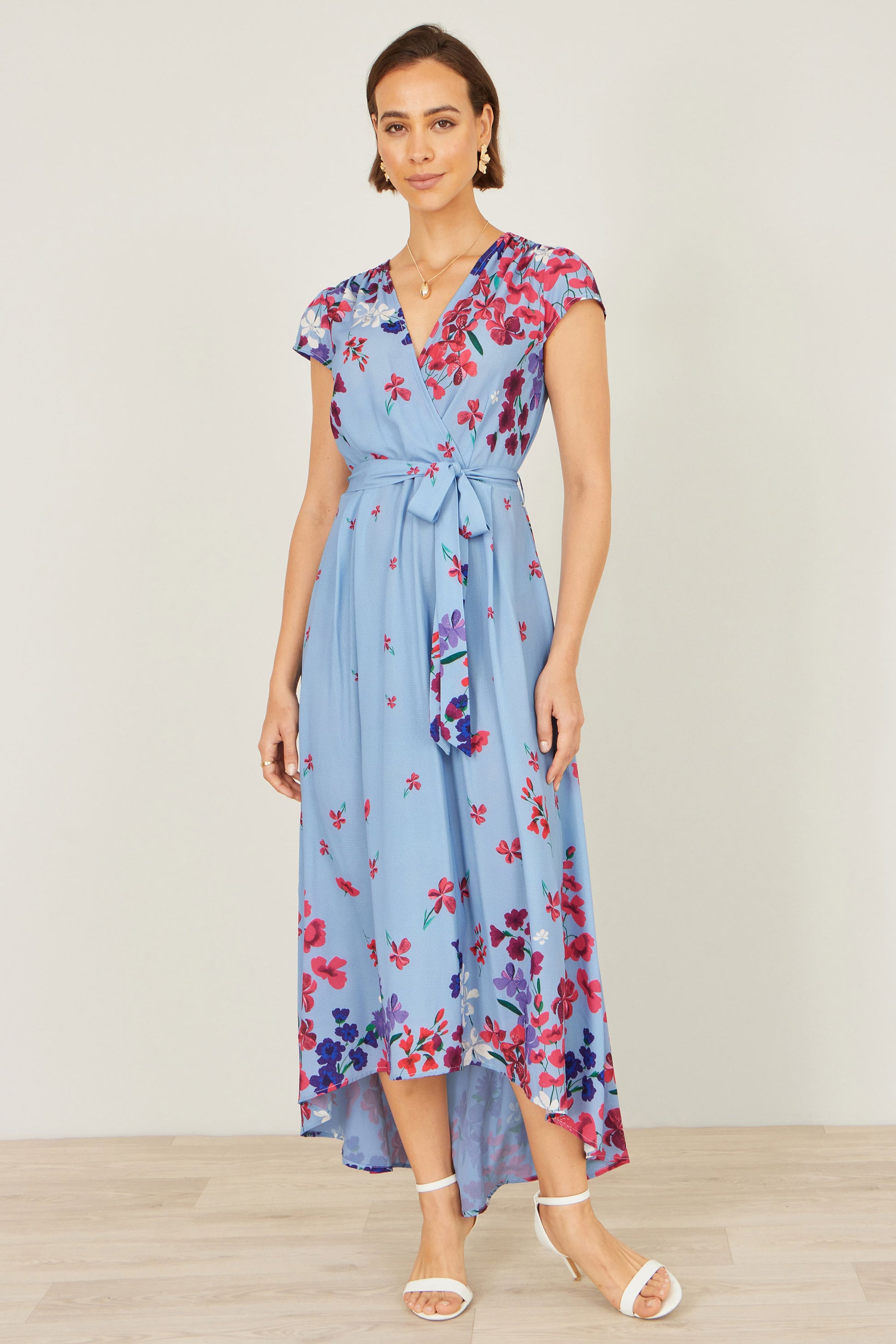 Yumi Blue Floral Mirror Wrap High Low Midi Wrap Dress Dress Occasion Yumi