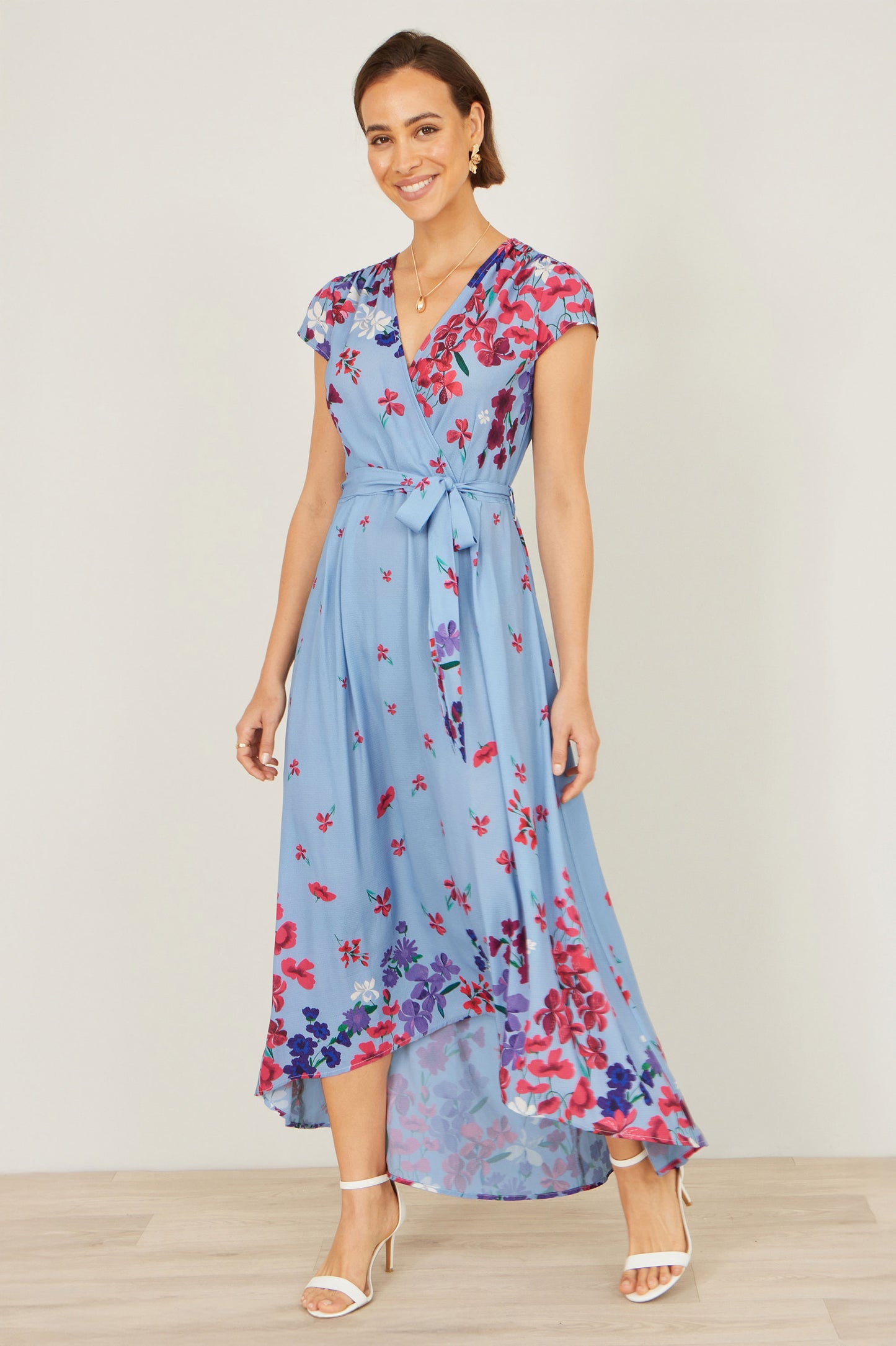 Yumi Blue Floral Mirror Wrap High Low Midi Wrap Dress Dress Occasion Yumi