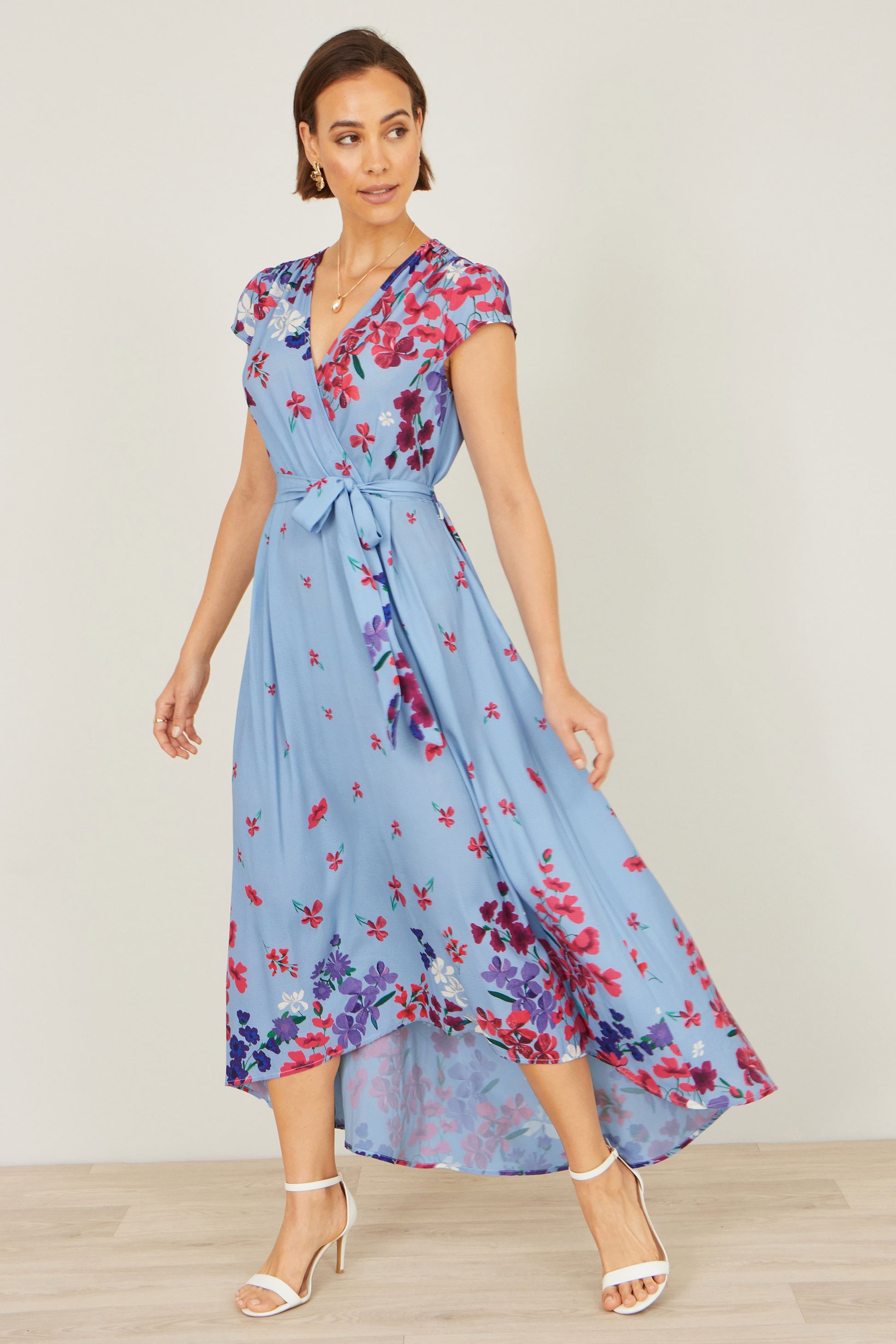 Yumi Blue Floral Mirror Wrap High Low Midi Wrap Dress Dress Occasion Yumi