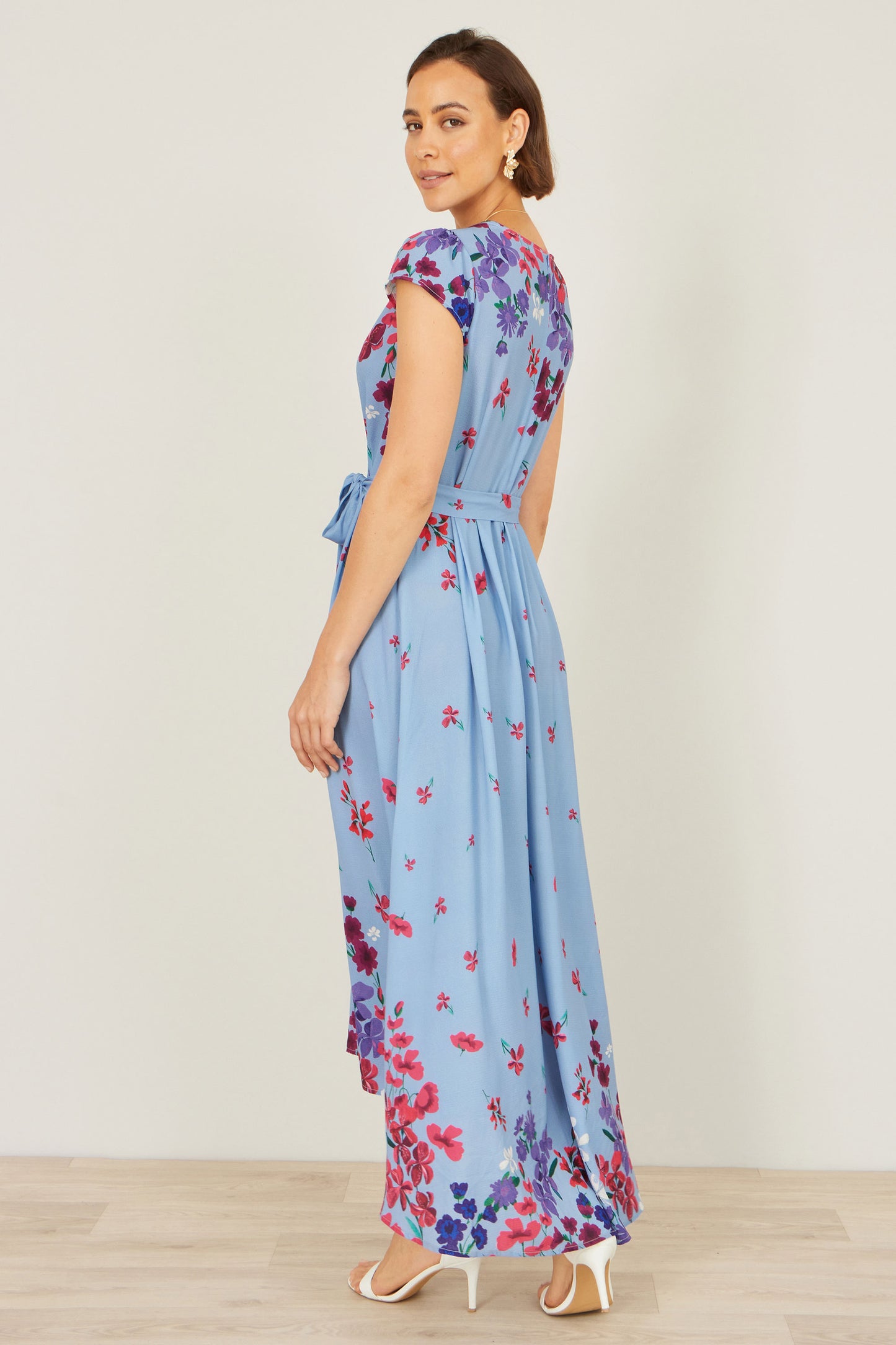Yumi Blue Floral Mirror Wrap High Low Midi Wrap Dress Dress Occasion Yumi