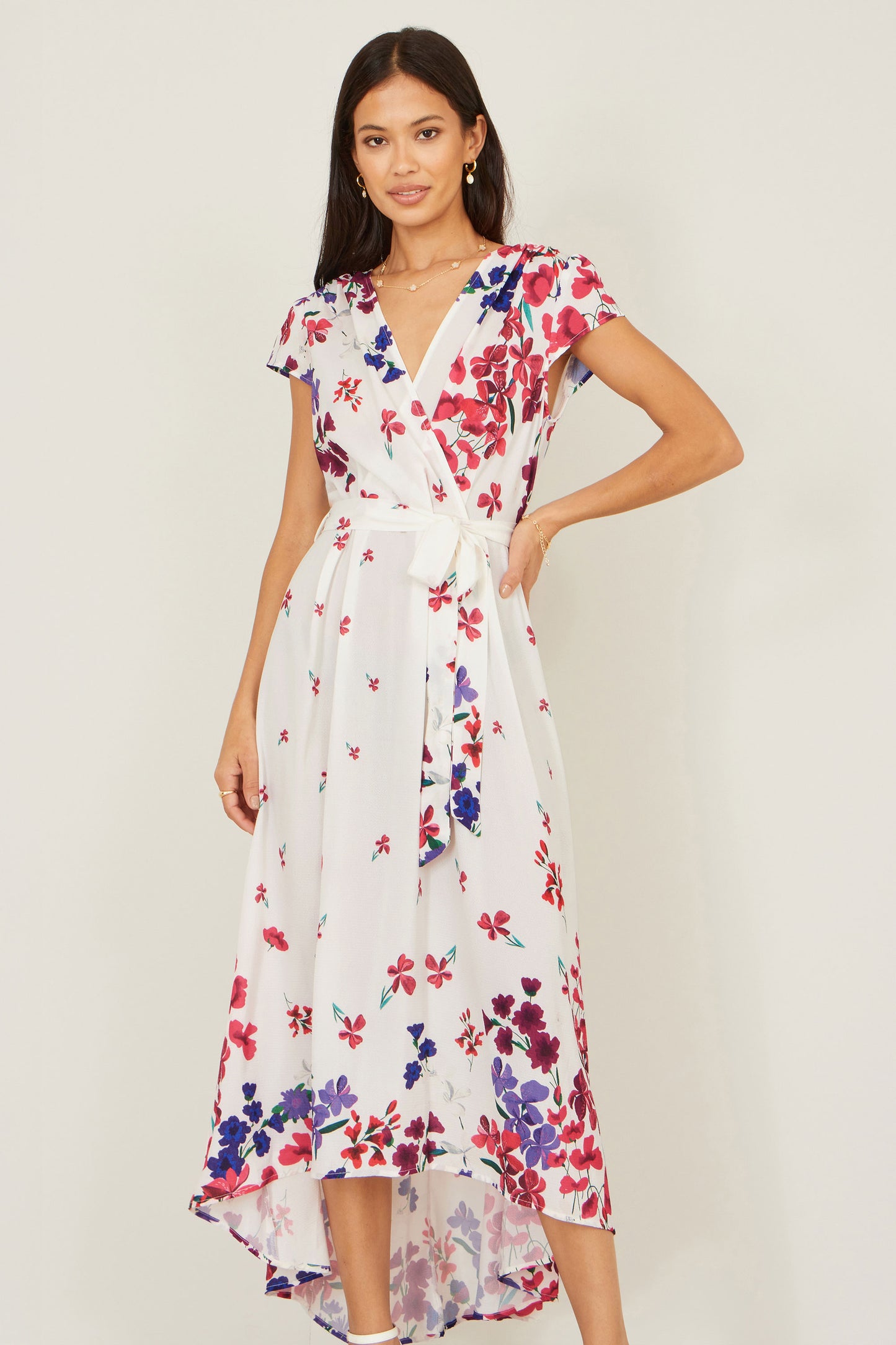 Yumi Ivory Floral Mirror Wrap Dress With Dip Hem Dress Occasion Yumi
