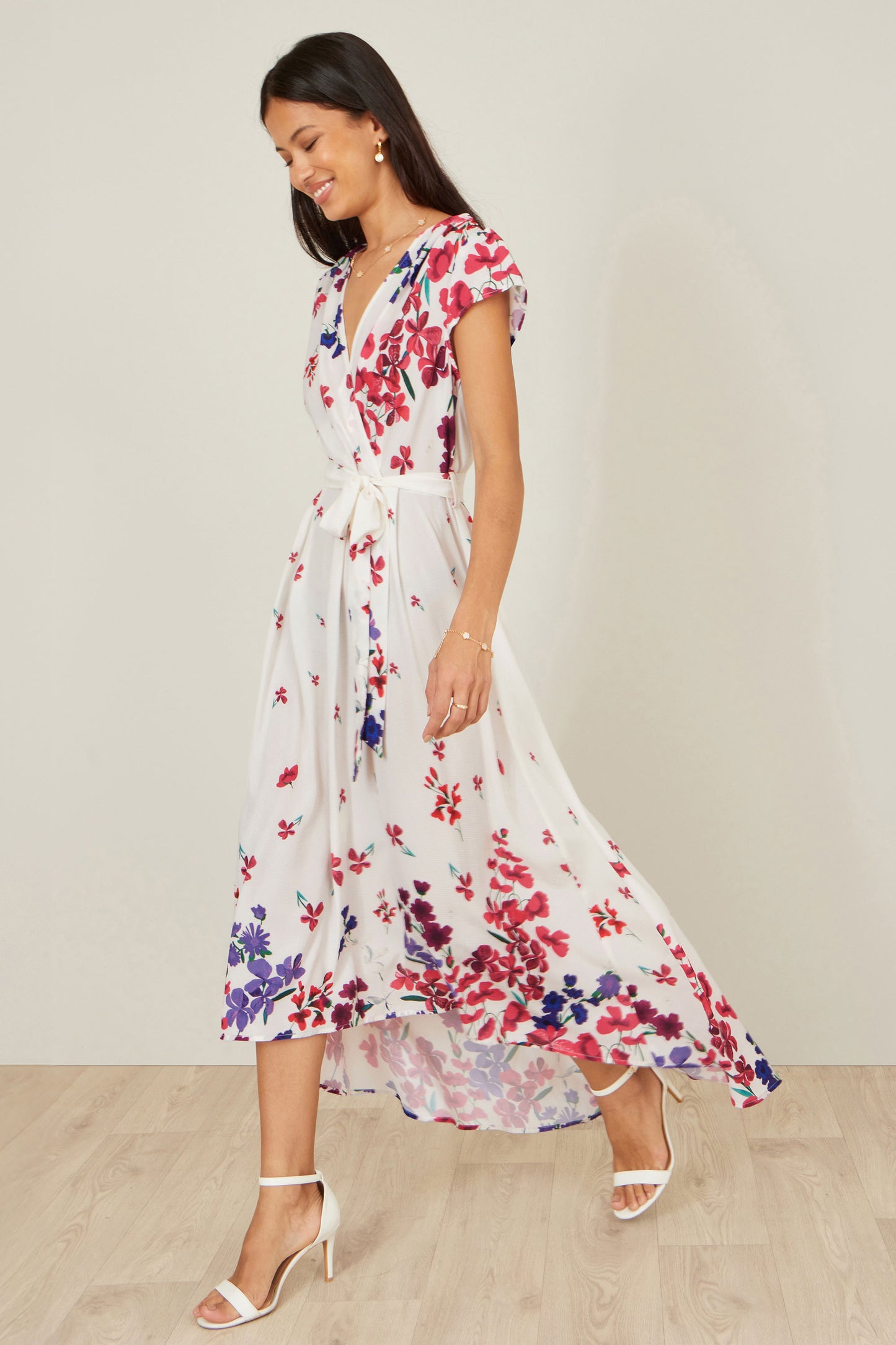 Yumi Ivory Floral Mirror Wrap Dress With Dip Hem Dress Occasion Yumi